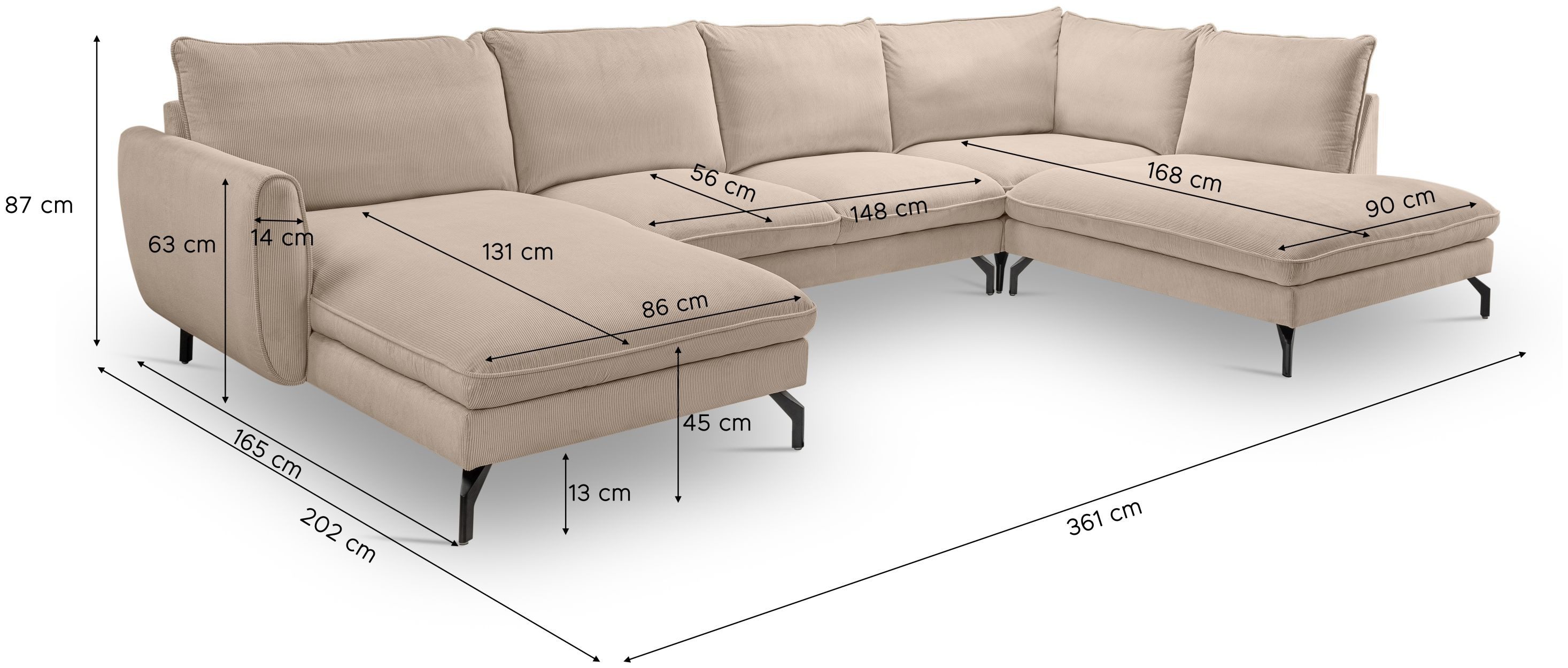 xonox.home Wohnlandschaft, in U-Form Recamiere rechts aus Kleincord in beige 202x87x361cm