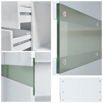 Vladon Sideboard Flow (Kommode mit Ambient Light Verglasung, mit 2 Türen, je 2 Fächer dahinter und 4 Schubladen), Weiß matt/Weiß Hochglanz (177 x 75 x 39 cm)