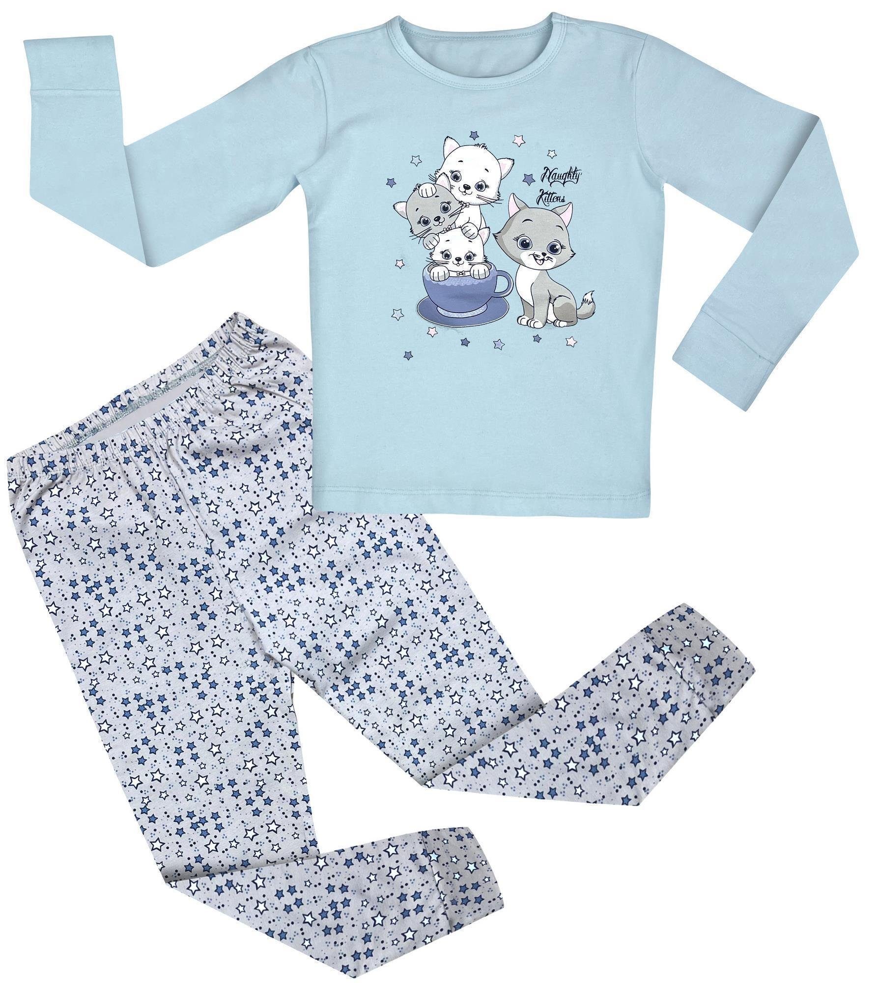 LOREZA Pyjama Mädchen Pyjama Set langarm Schlafanzug Hausanzug Baumwolle Katze (Set, 2 tlg) Hellblau