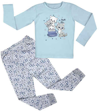 LOREZA Pyjama Schlafanzug Langarm - Katze - Mehrfarbig (Set, 2 tlg)