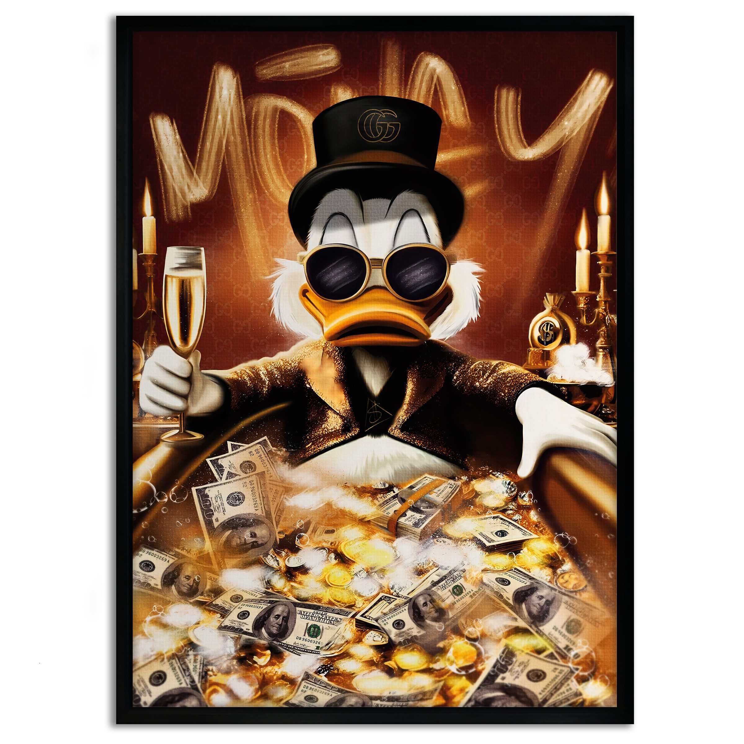 SimpleCanvas Wandbild Bathing Dagobert - Leinwandbild Pop Art / Motivation, Wandbild Dagobert Duck, Geld, Luxuriös