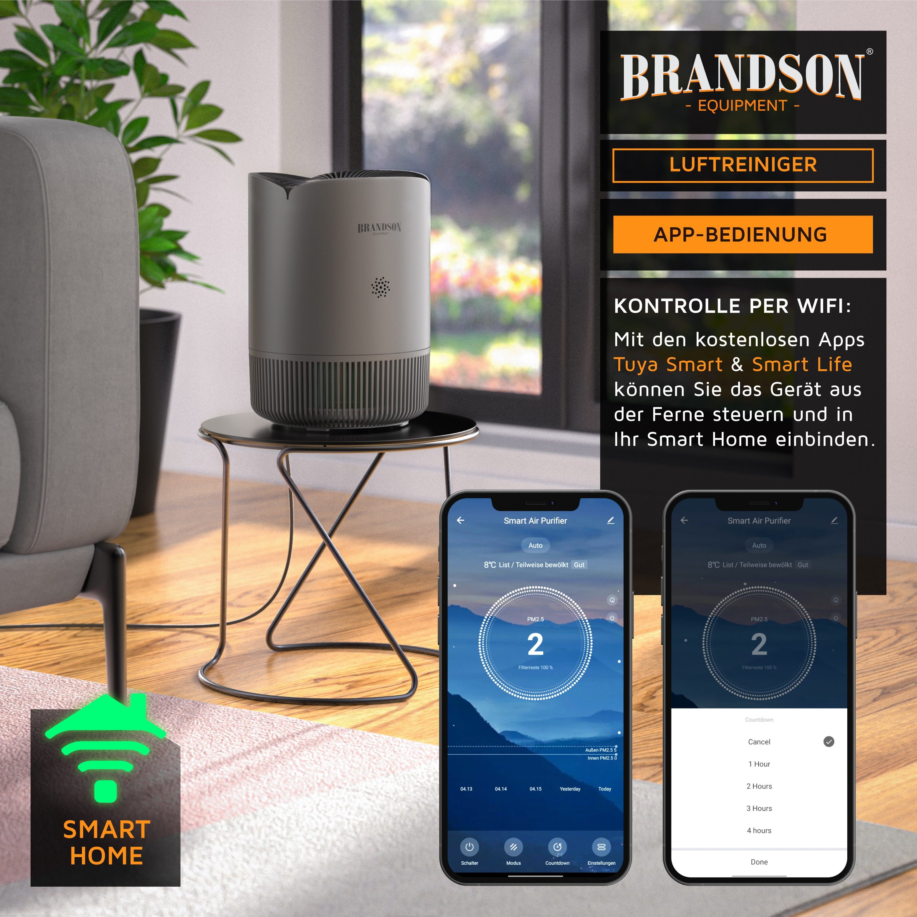 Brandson Luftreiniger für Allergiker, HEPA 13 + Aktivkohle, WLAN-App, 158 m³/h, 45 m², für 45 m² Räume, PM2,5-Anzeige, 4 Geschwindigkeiten, Timer und Kindersich – Bild 4 von 5