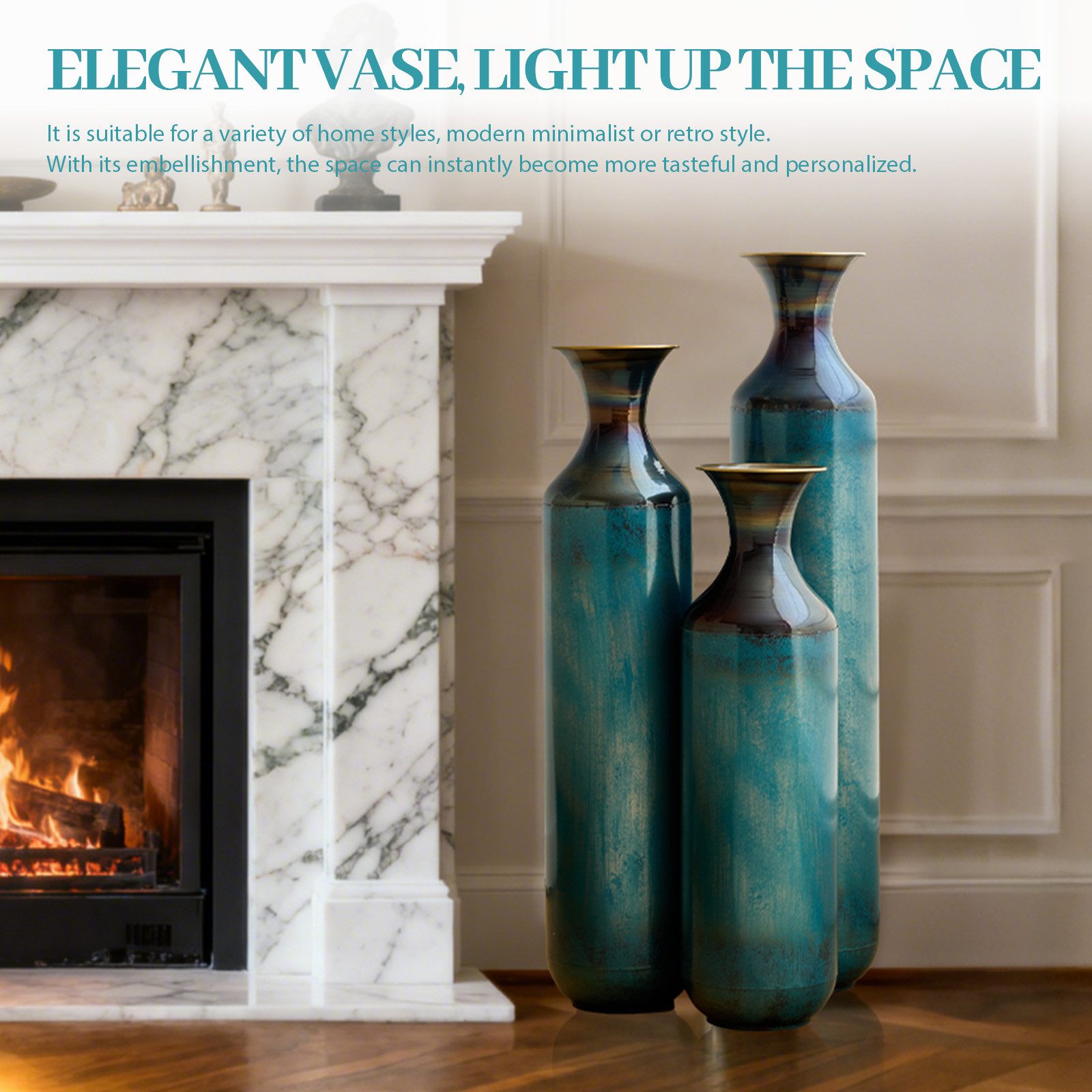 BlingBin Bodenvase 3er Set Handgefertigte Metallvase, Massivmetall Deko-Vase - 52/62/72cm (3er Set, 3 St., Groß: 14*14*72cm/Mittel: 14*14*62cm/Klein: 14*14*52cm), Handgebrannte Vintage-Optik für Wohnzimmer & Flur, Nicht Wasserdicht