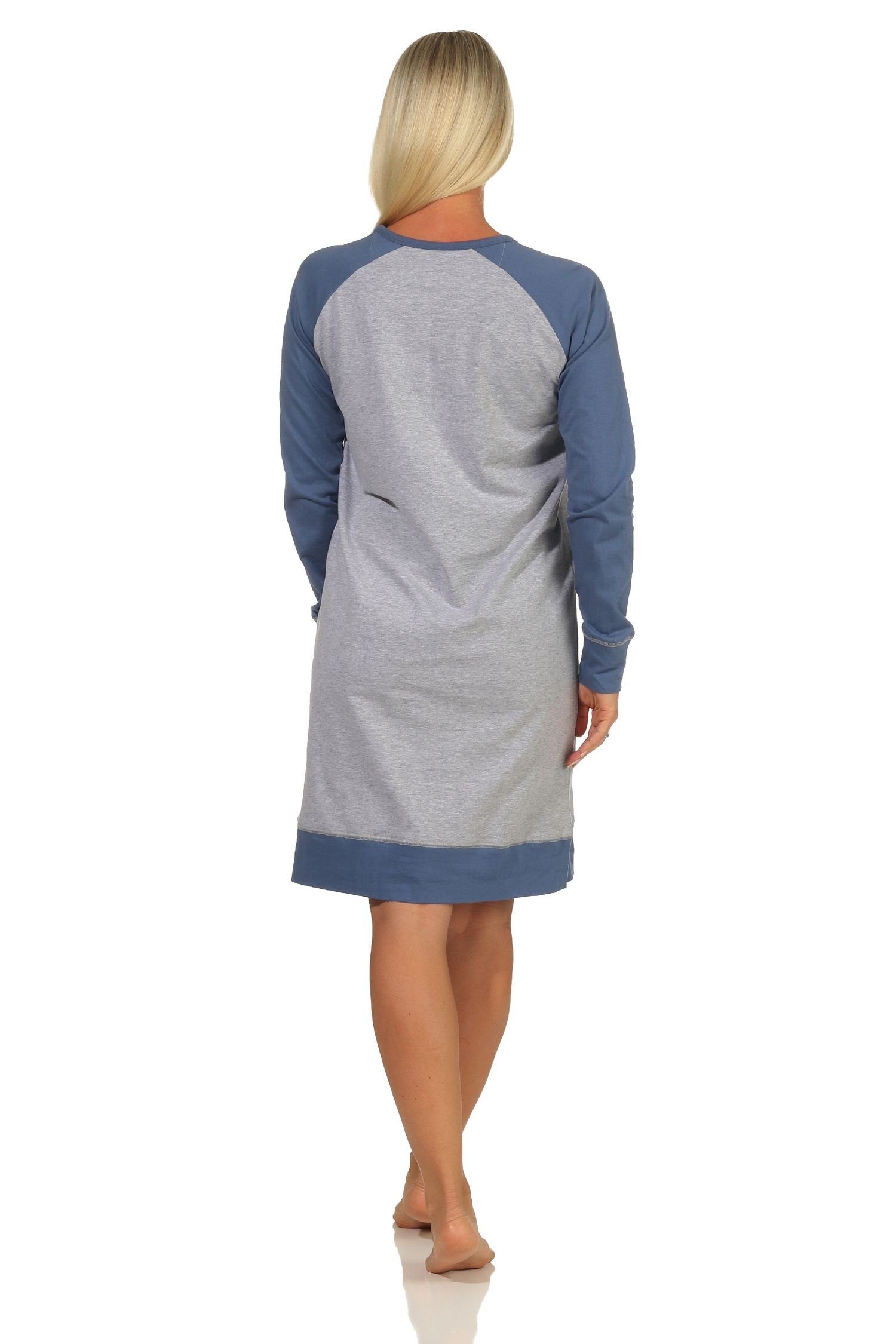 Look grau-melange mit und Normann Ärmeln Frontprint im Damen abgesetzten Nachthemd College Nachthemd
