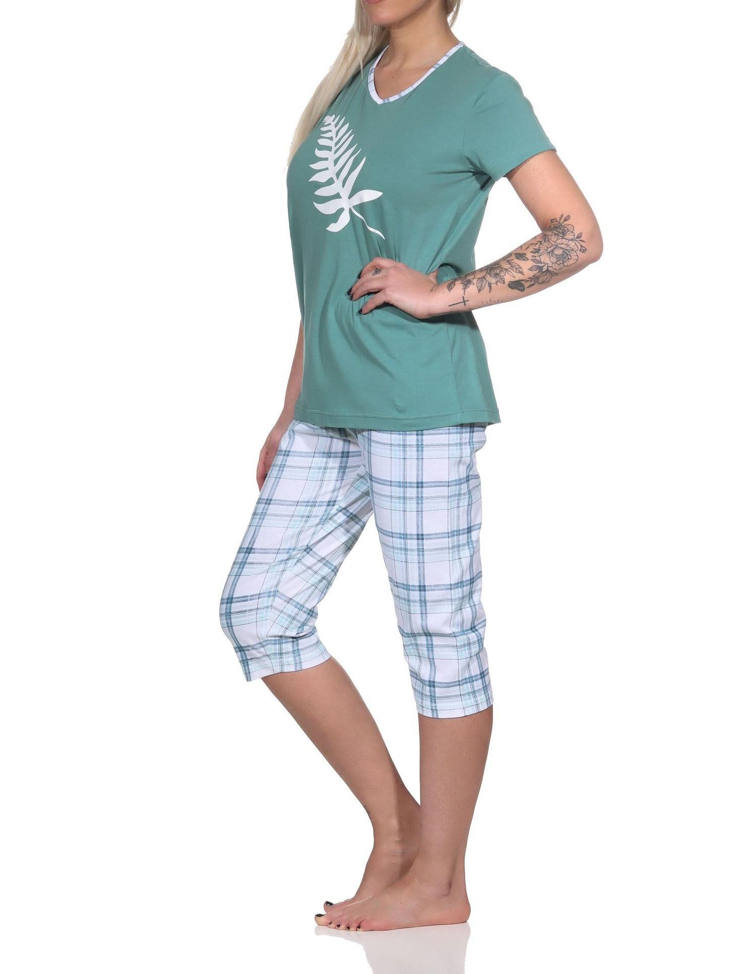 Normann Pyjama Eleganter Damen Capri Pyjama mit karierter ¾ Hose und Frontprint – Bild 2 von 4
