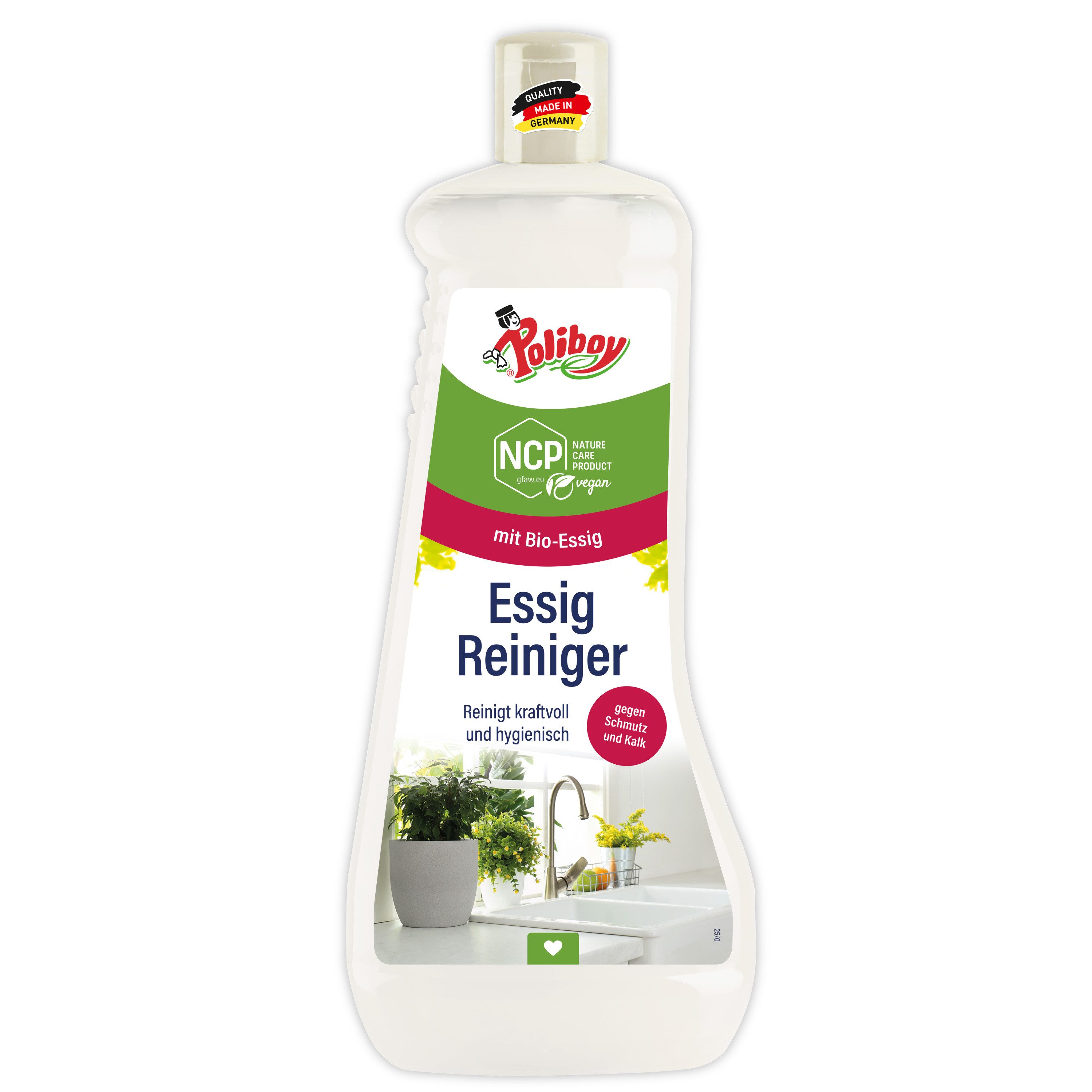 poliboy NCP Reiniger - 1 Liter - entfernt Kalk und hartnäckige Verschmutzungen Essigreiniger (für Armaturen und andere säureresistente Oberflächen - Made in Germany)