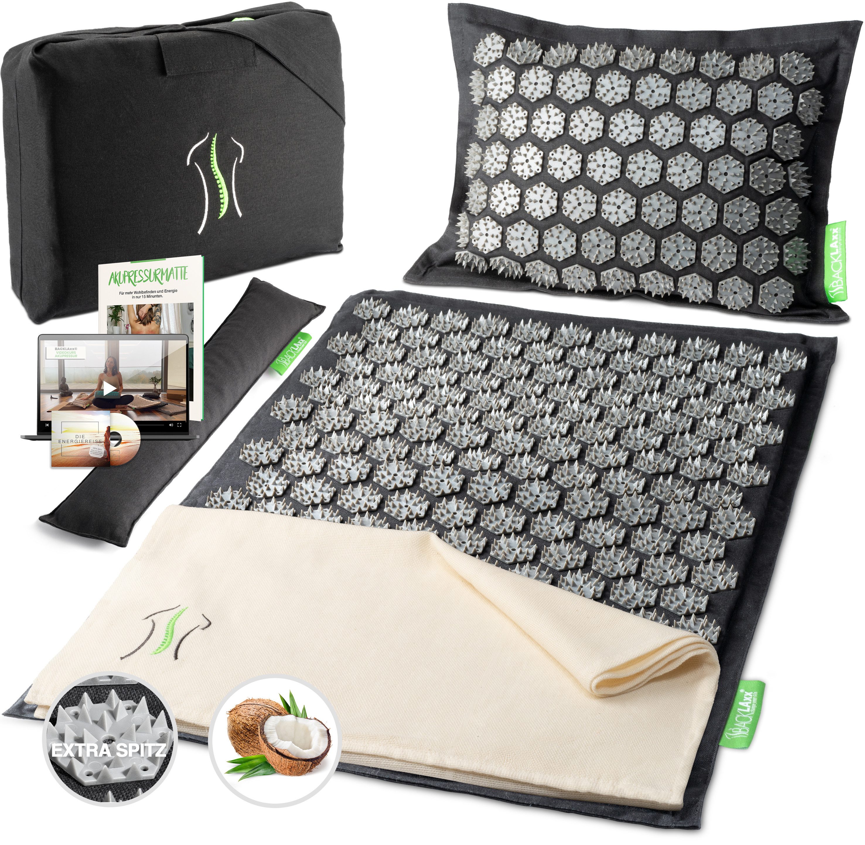 BACKLAxx® Akupressurmatte "Intensiva" mit Kissen für Fortgeschrittene durch extreme Stimulation (Akupressurmatten Set, 4teilig + gratis-Download), Matte:70x43cm, Kissen:40x33cm, Tuch:100x40cm. Insgesamt 4853 Nadeln.