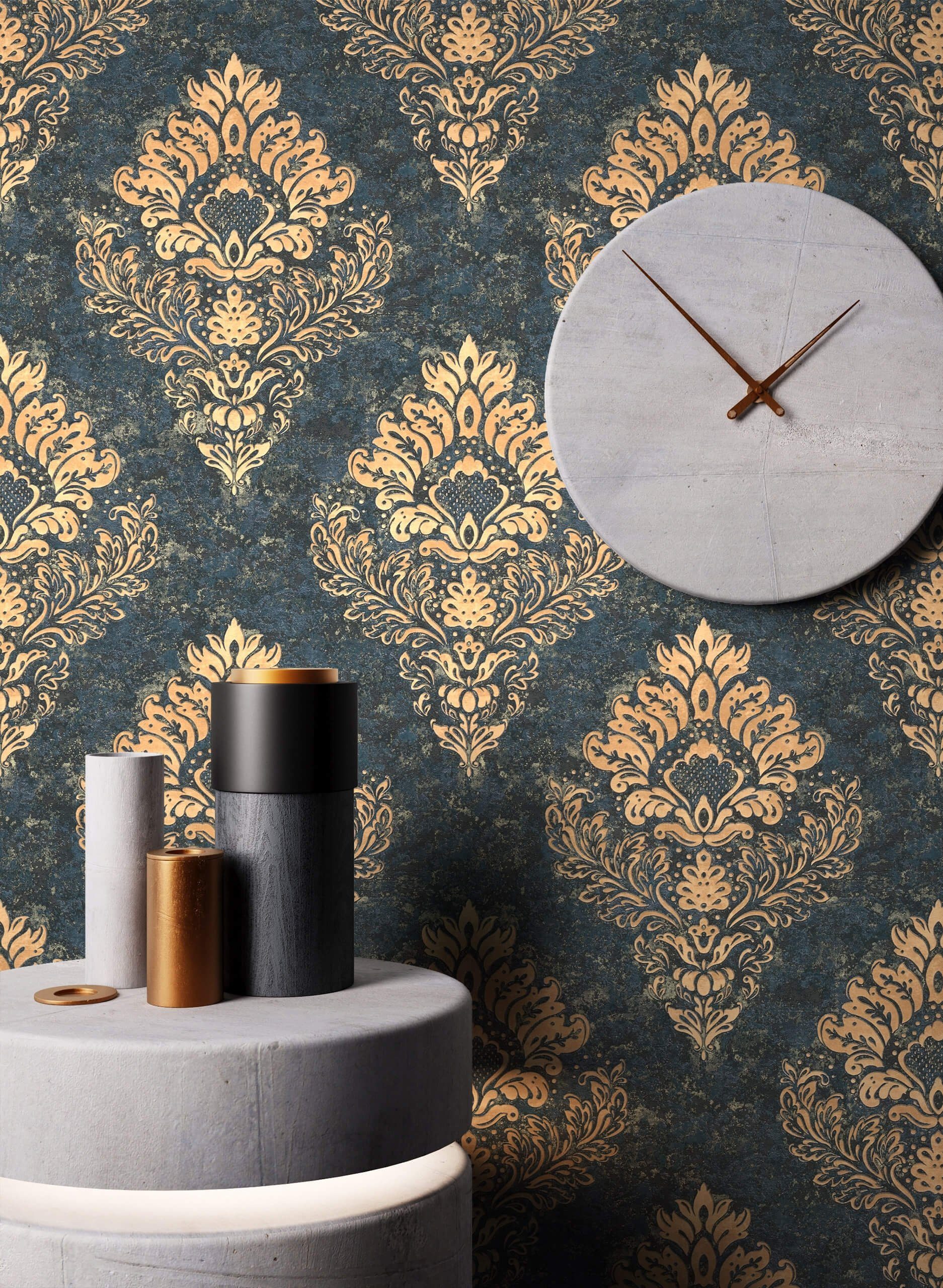Newroom Vliestapete, Blau Tapete Barock Ornament günstig online kaufen