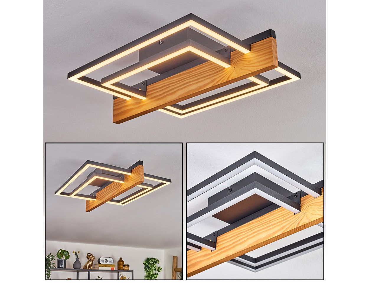 hofstein Deckenleuchte eckige Deckenlampe aus Holz/Metall/Kunststoff in Natur/Schwarz/Weiß, LED wechselbar, 3000 Kelvin, Design, 1-flammig, 24 Watt, 1200 Lumen