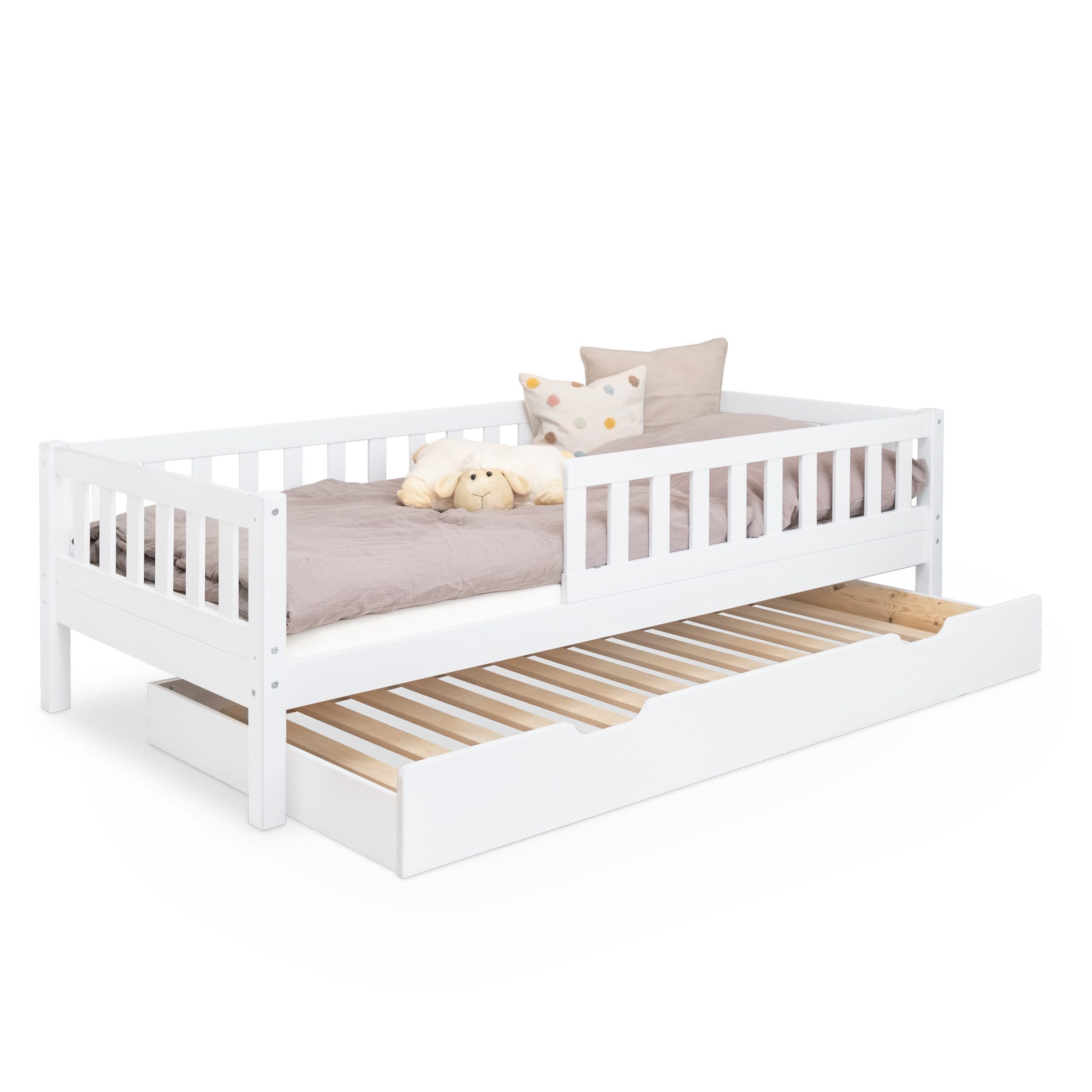 Ehrenkind Kinderbett Lille aus massivem Kieferholz inkl. Rollrost und Rausfallschutz (90x200 cm Weiß, 2-in-1: Mit optionalem Umbauset zum Bodenbett umbaubar), flexibler Rausfallschutz beidseitig montierbar