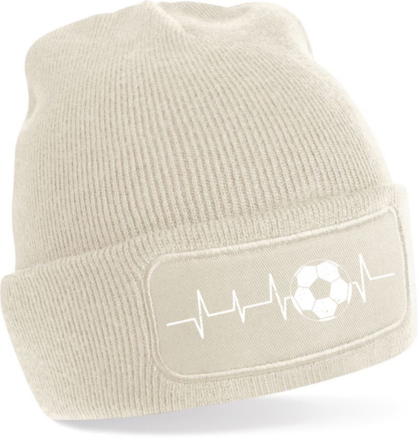 Strickmütze für kalte Tage - Beanie mit Umschlag und Fussball Herzschlag Print
