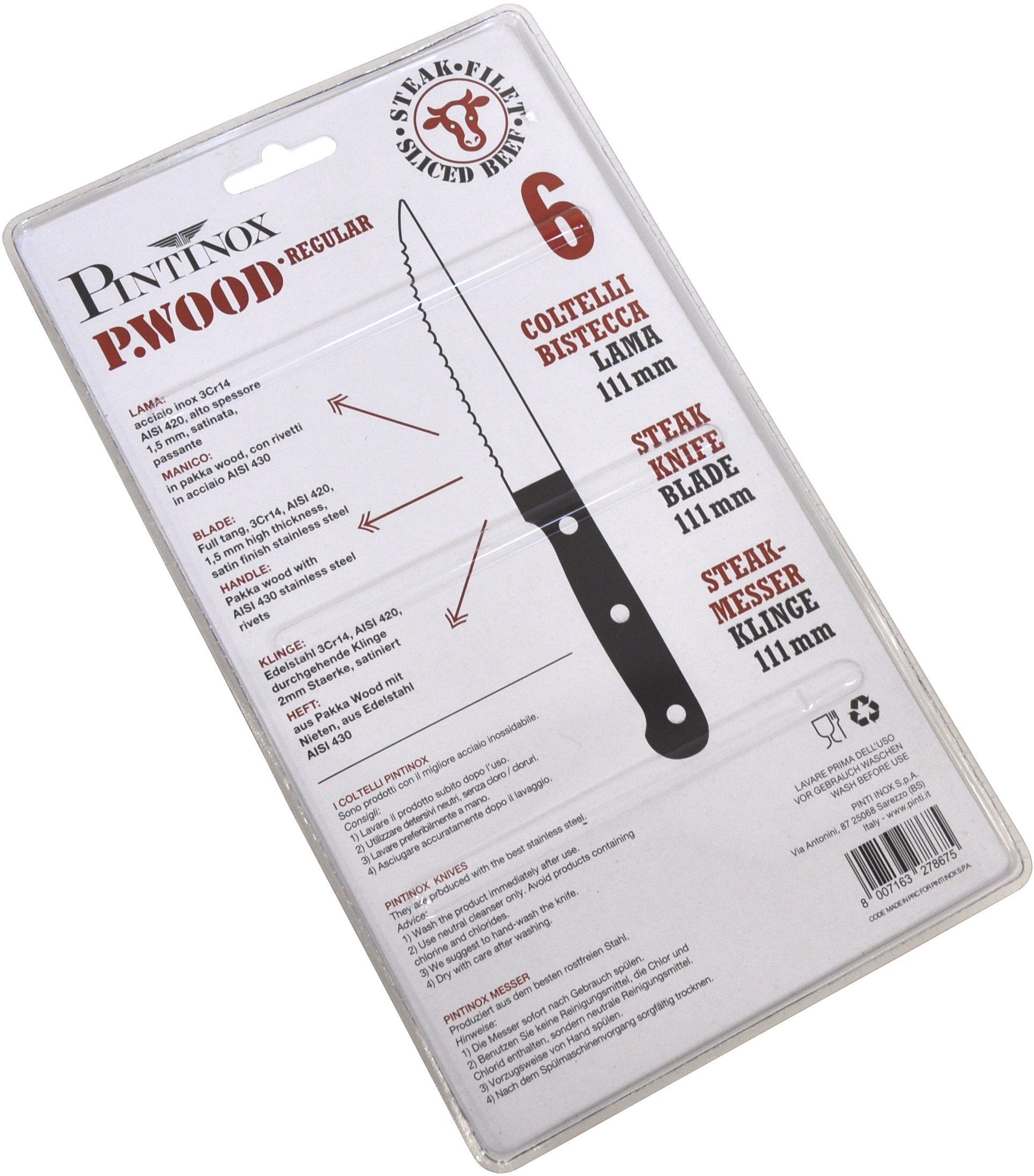 PINTINOX Steakmesser P.Wood (6 Stück), aus rostfreiem Stahl, Griff aus Pakkaholz, Klinge 11,1 cm