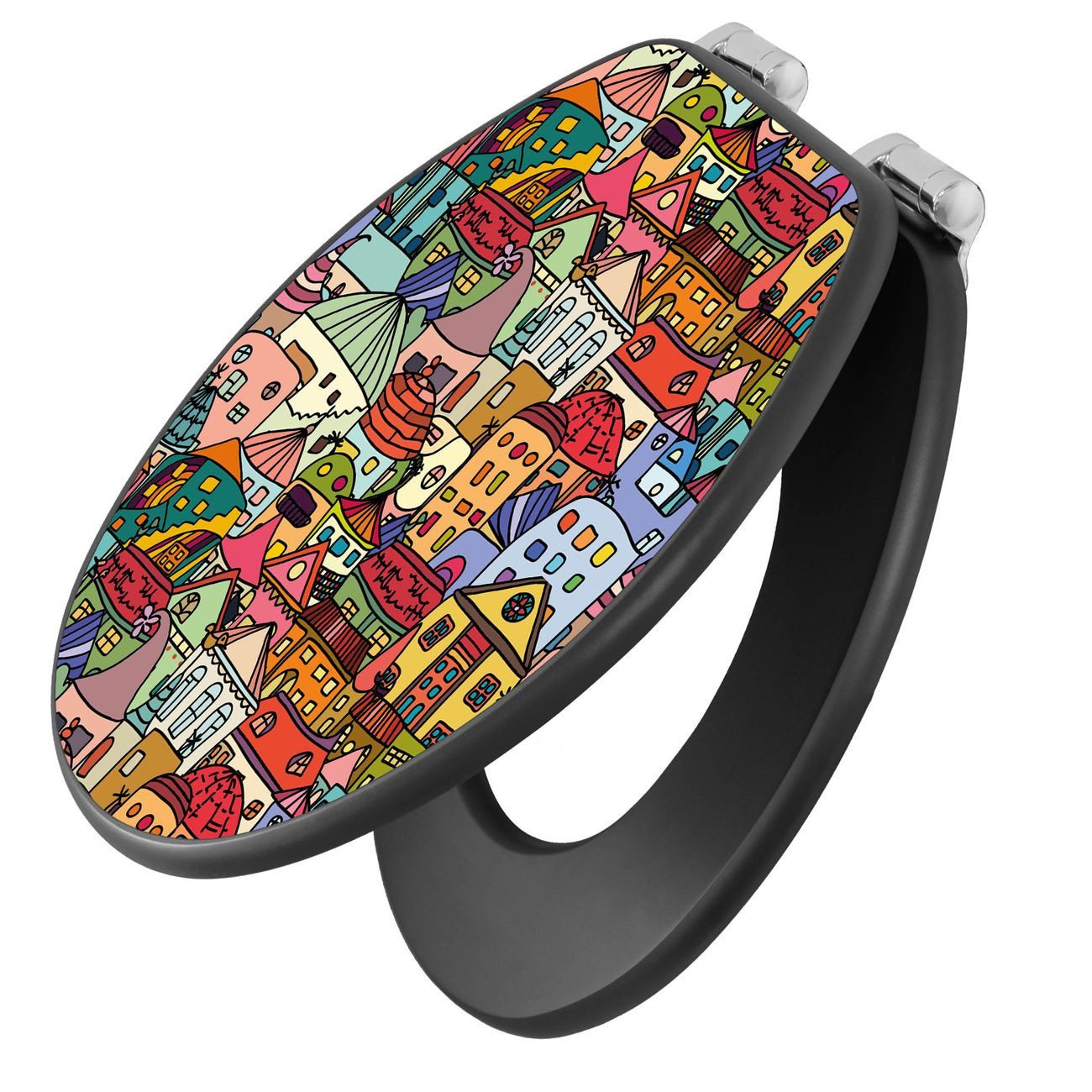 banjado WC-Sitz Anthrazit Motiv Funky Town (umweltfreundliches Material, integrierte Absenkautomatik), 46,5 x 38 x 5 cm