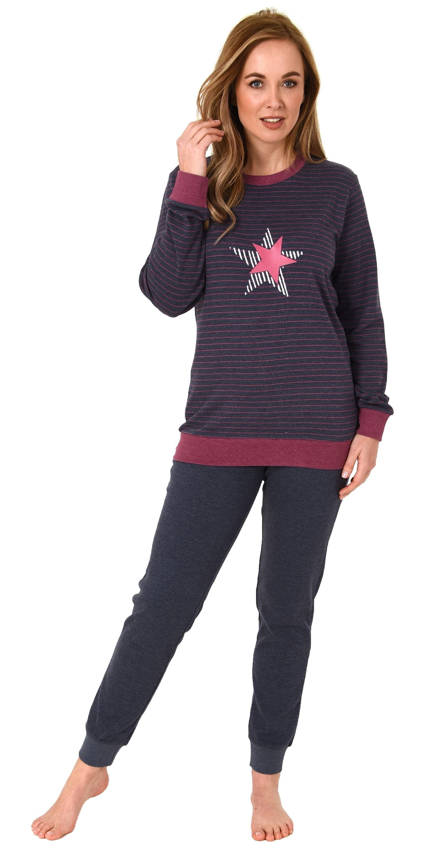 Normann Pyjama Kuscheliger Damen Pyjama mit Bündchen, Streifenoptik + Sternenmotiv