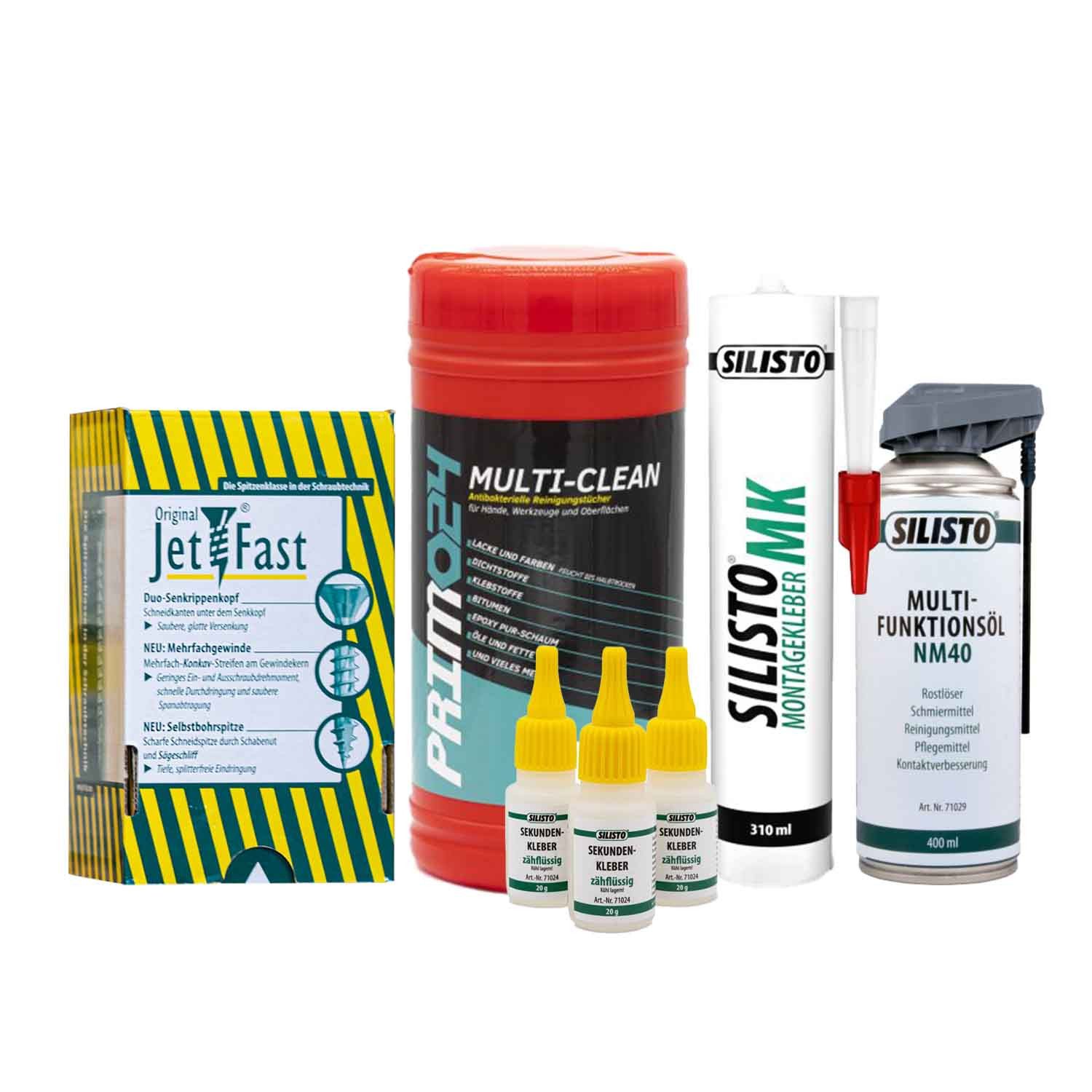 Reinigungs-Set Komplettset für Montage & Reinigung: Kleber, Spray, Tücher, Schrauben, (5-St., Heimwerker-Set)