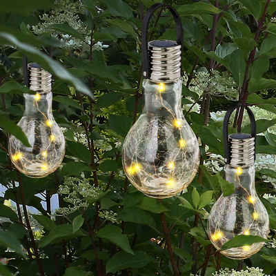 etc-shop LED Solarleuchte, LED-Leuchtmittel fest verbaut, Warmweiß, 3x LED Solar Pendel Lampe Crackle Glas Glühbirne Außen Deko