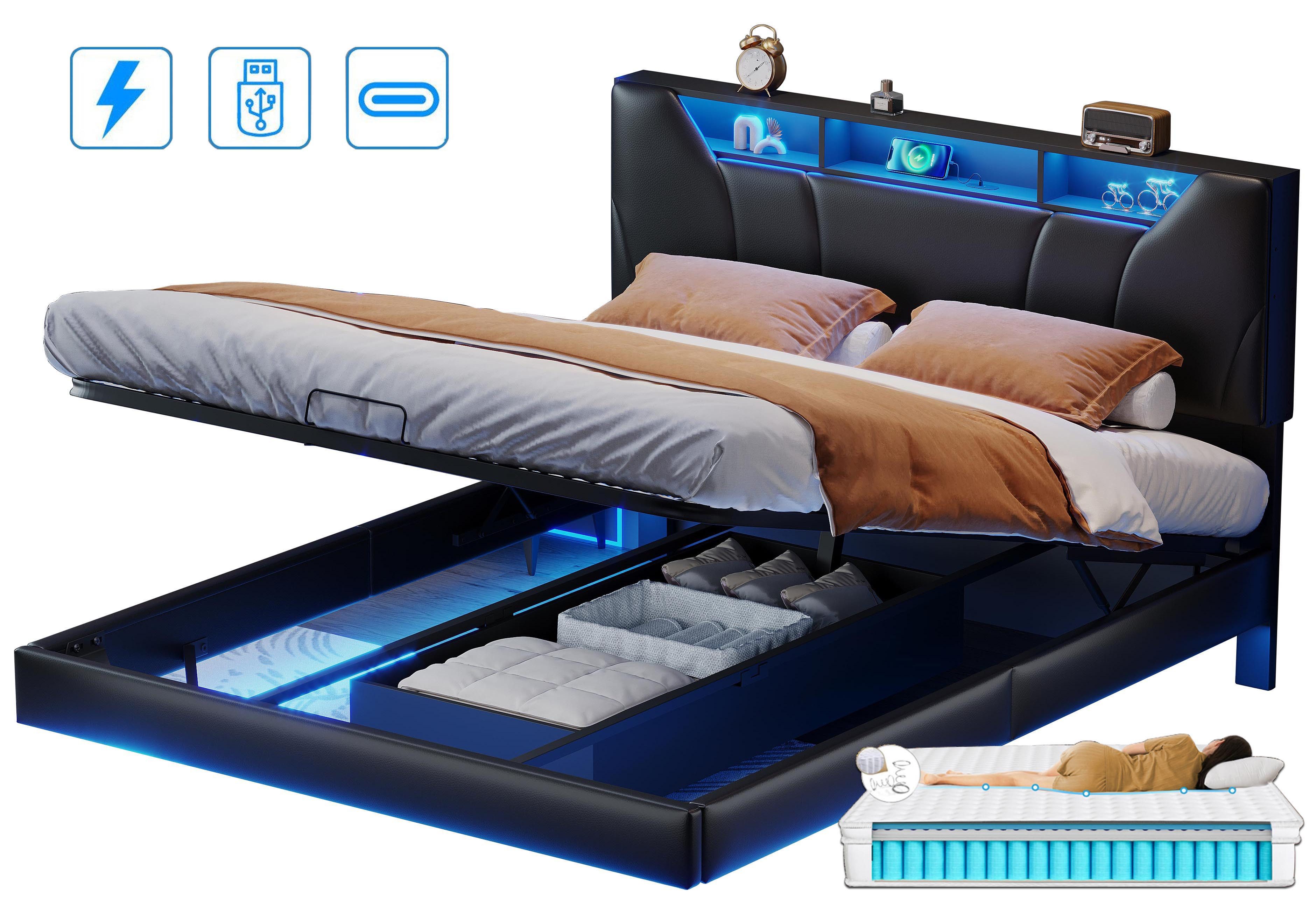 FUROKOY Polsterbett Doppelbett Stauraumbett mit LED-Beleuchtung günstig online kaufen
