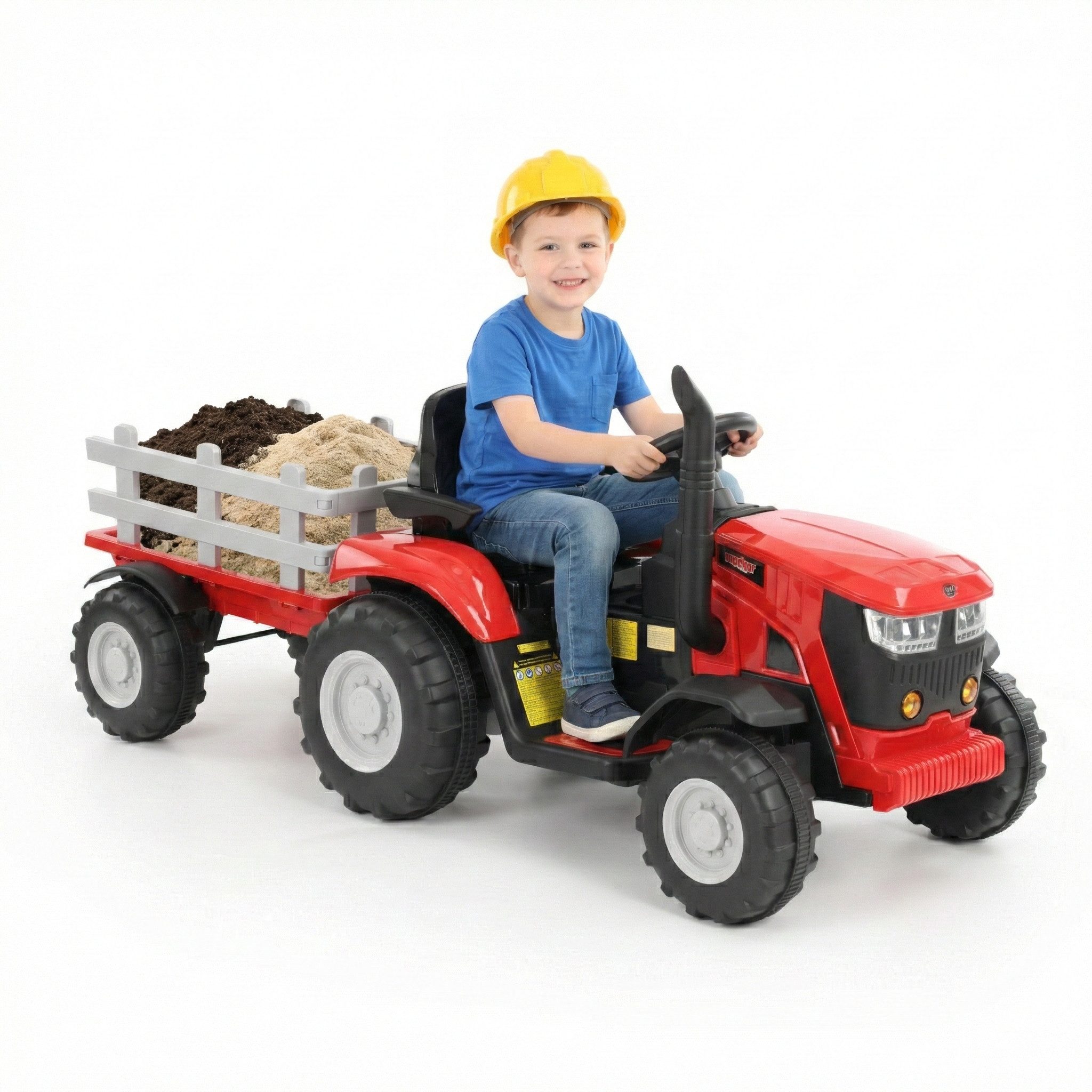 Hecht Elektro-Kindertraktor mit abnehmbarem Anhänger, bis 3,5 km/h, 12V / 7 Ah Akku, Belastbarkeit 30 kg, Scheinwerfer, Hupe, Ladegerät, Traktor Sounds, Radio mit USB, AUX