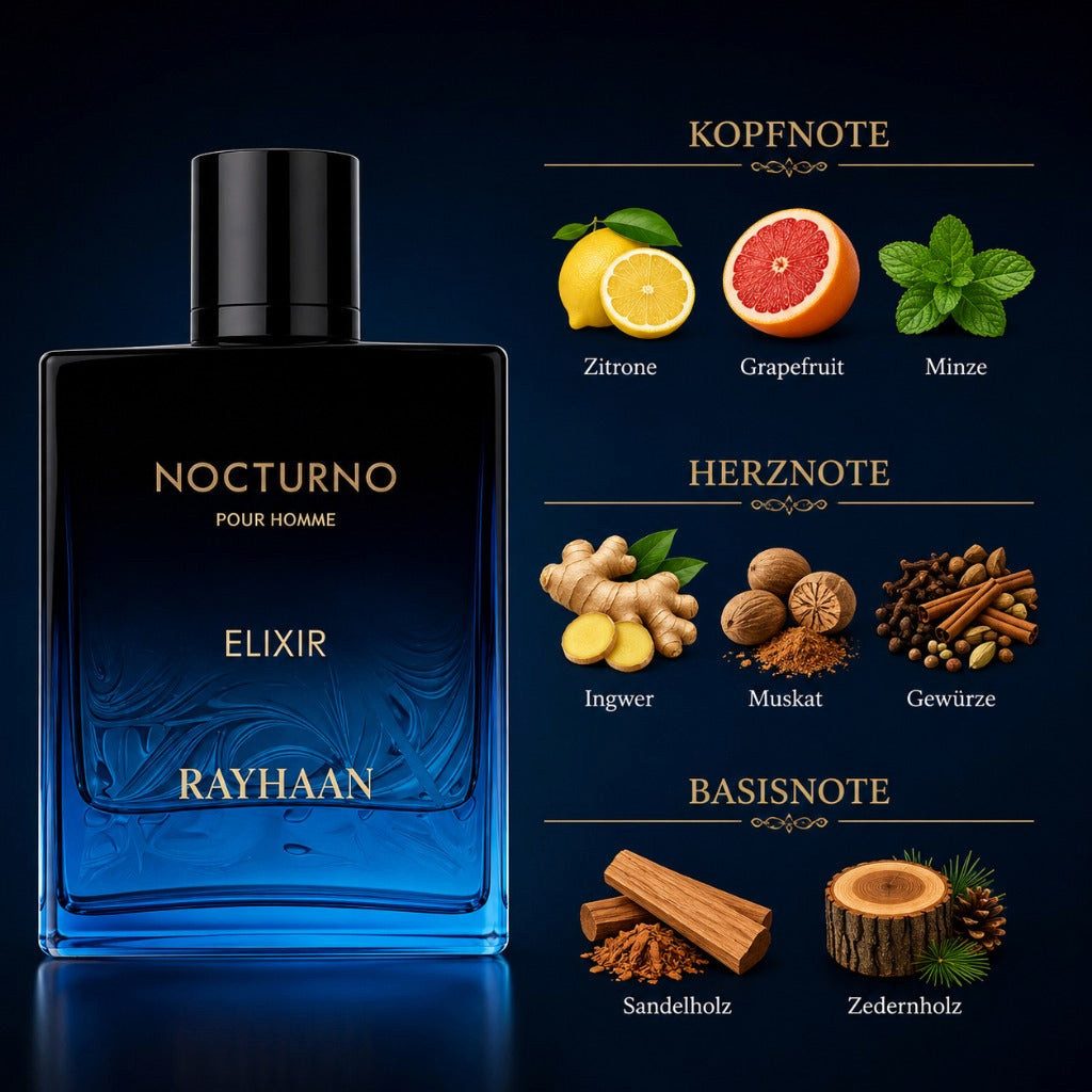 Rayhaan Duft-Set Nocturno Elixir EDP 100 ml + Parfümzerstäuber (leer)