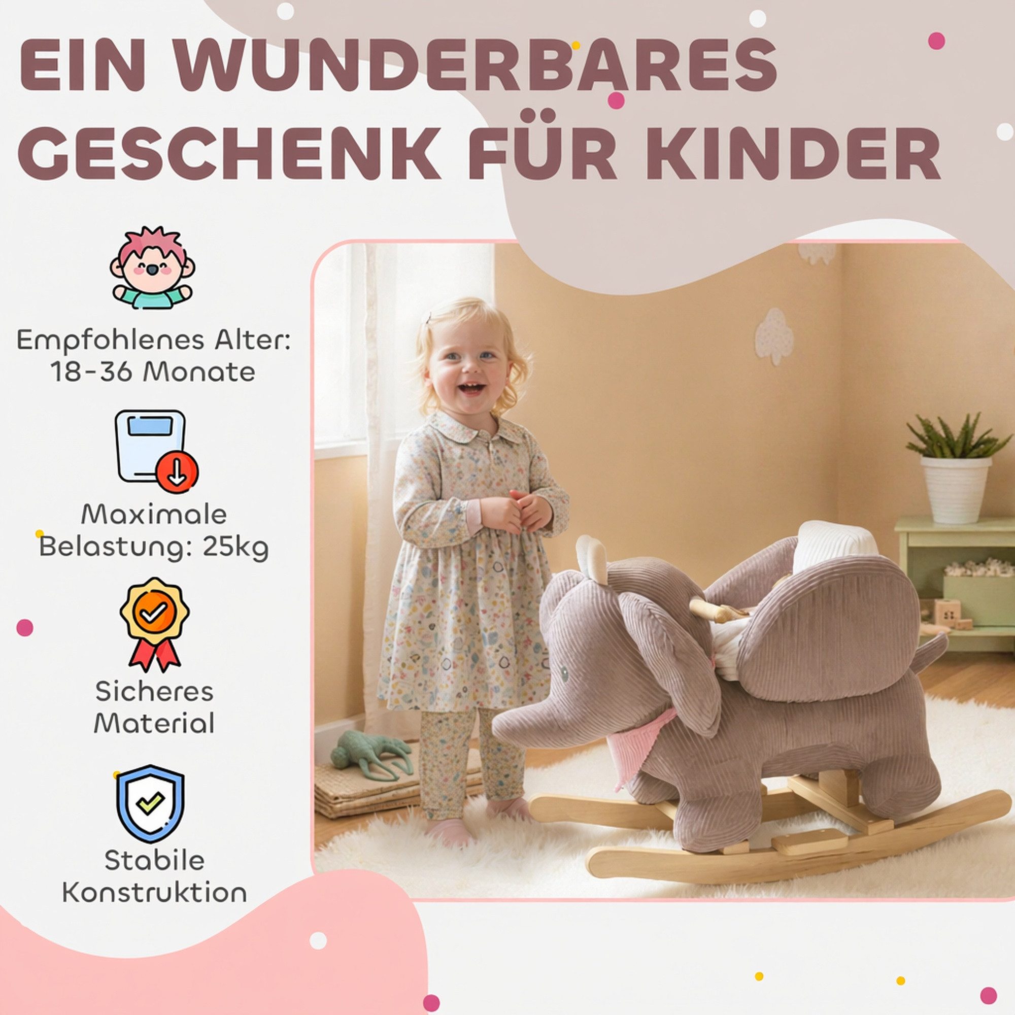 AIYAPLAY Schaukeltier Elefant Schaukel, interaktive Tiergeräusche, weiche Füllung, (1 tlg), für Kinder 1,5-3 Jahre, max. 25 kg, Braun – Bild 4 von 5