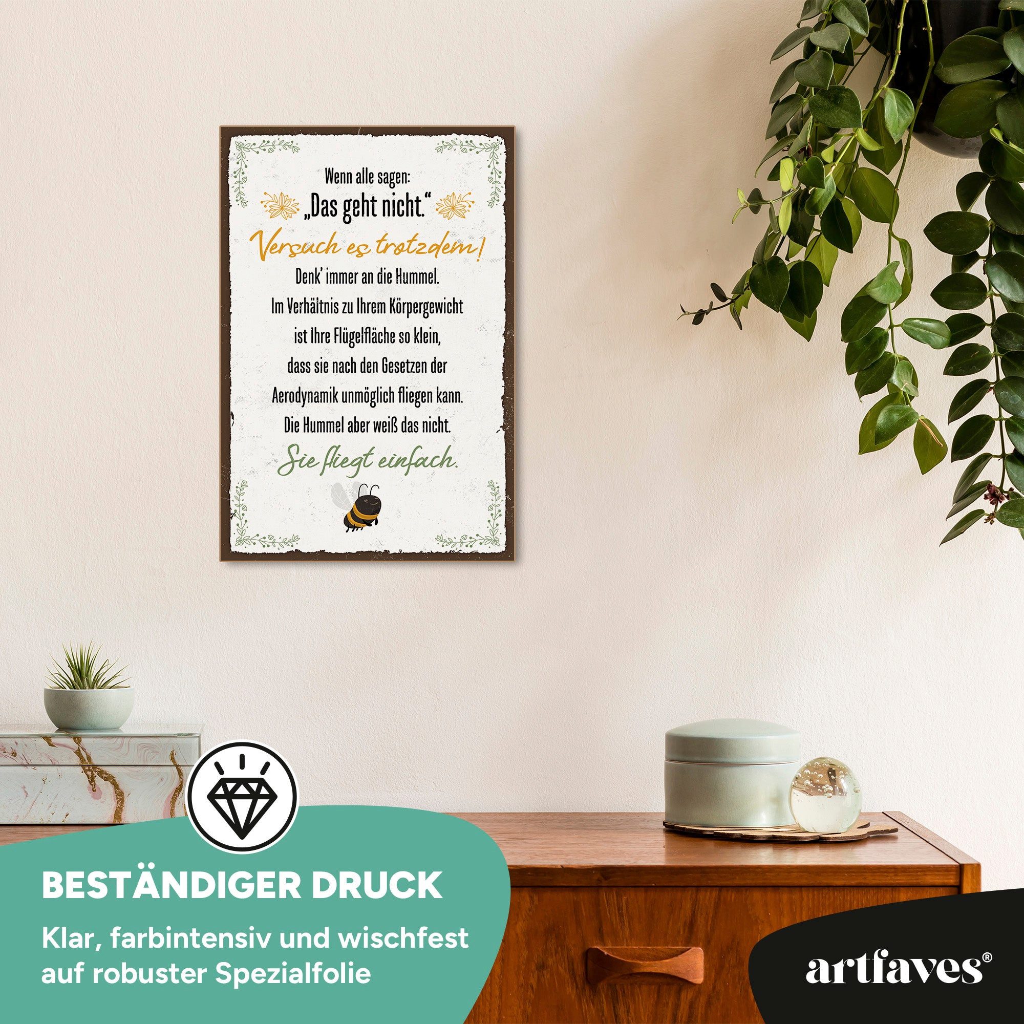 ARTFAVES Holzbild Schild mit Spruch - Hummel fliegt einfach - Glücklichsein, Motivation