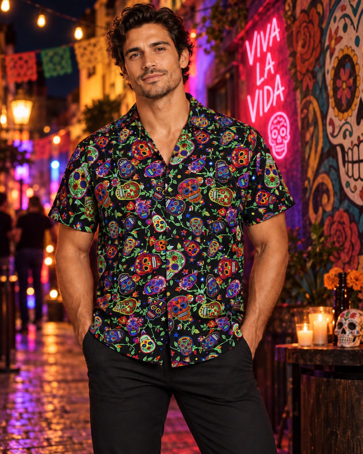 King Kameha Hawaiihemd "Skull" Funky Hawaii-Hemd Herren Kurzarm Front-Tasche Stylish – Bild 2 von 5