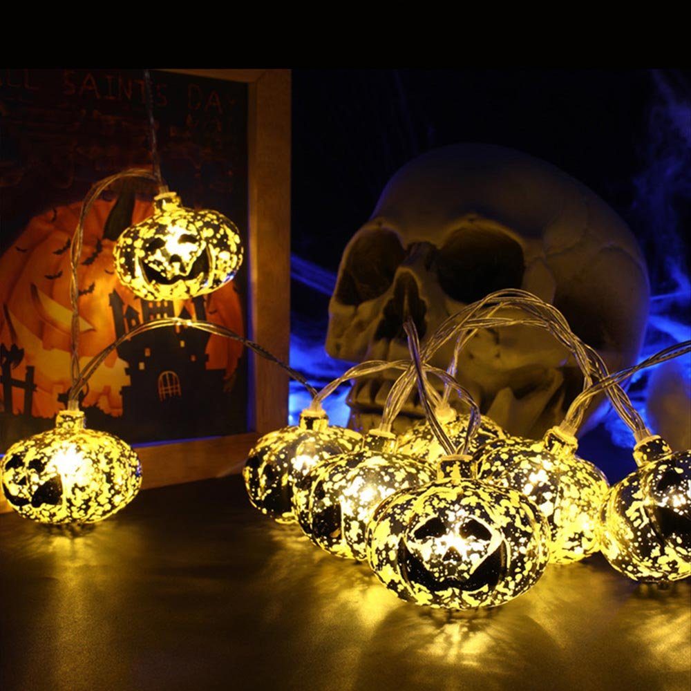 Rosnek 2.5M, Goldener Halloween LED-Lichterkette Bar Party Kürbisse/Totenköpfe/Augenkugeln, Deko, wasserdicht, für Batterie Kürbis