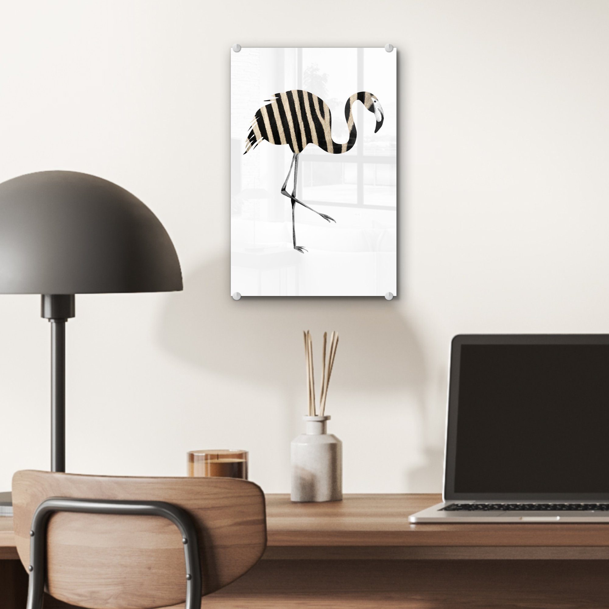 Wandbild - Schwarz Foto Zebra auf St), weiß, auf - Glasbilder - Wanddekoration - bunt Bilder Glas Glas Acrylglasbild und MuchoWow Flamingo (1 -