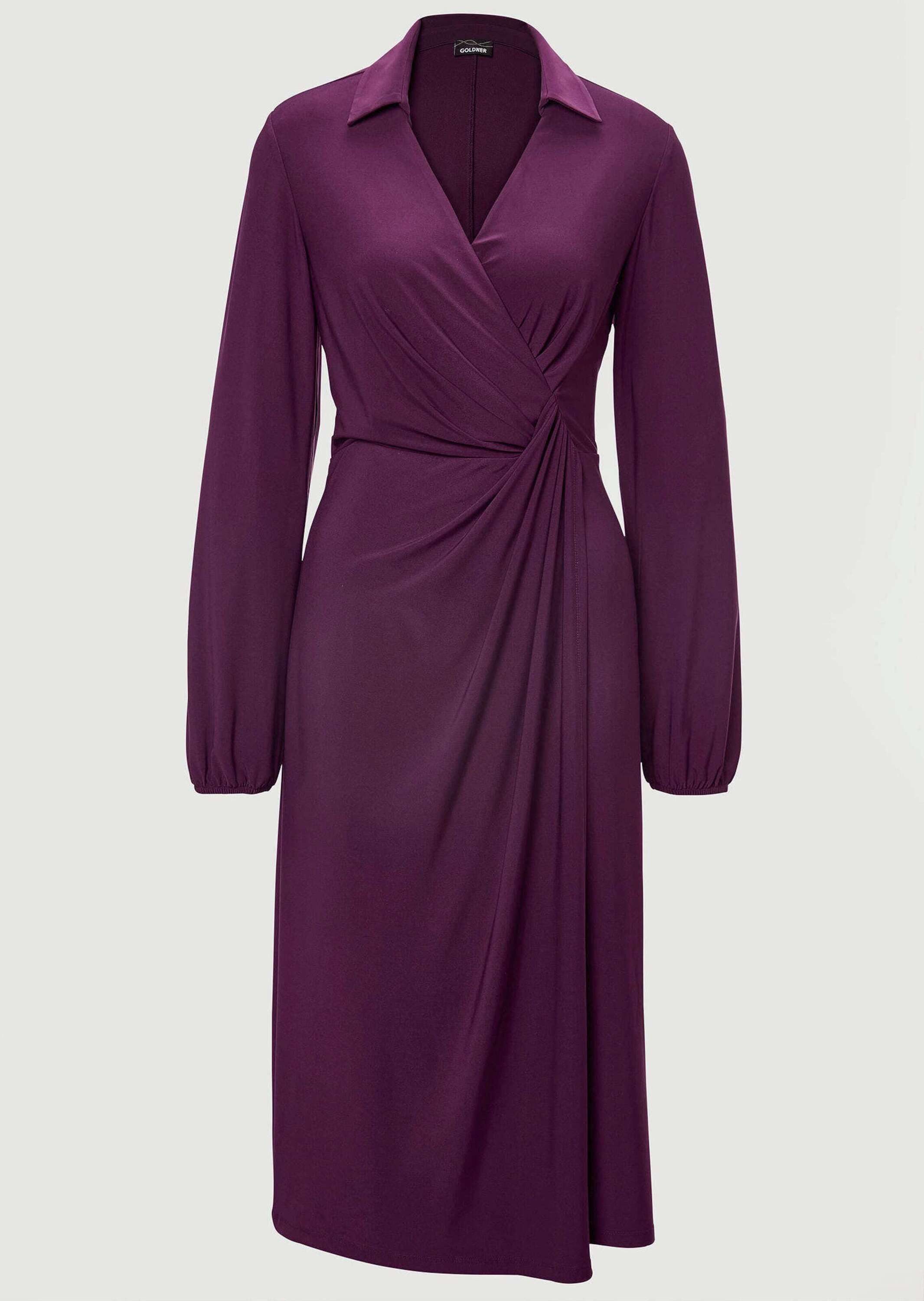 GOLDNER Jerseykleid Kurzgröße: Elegantes Jerseykleid mit V-Ausschnitt Stretchkleid mit Hemdkragen, Ballonärmel, Gummibündchen und Langarm