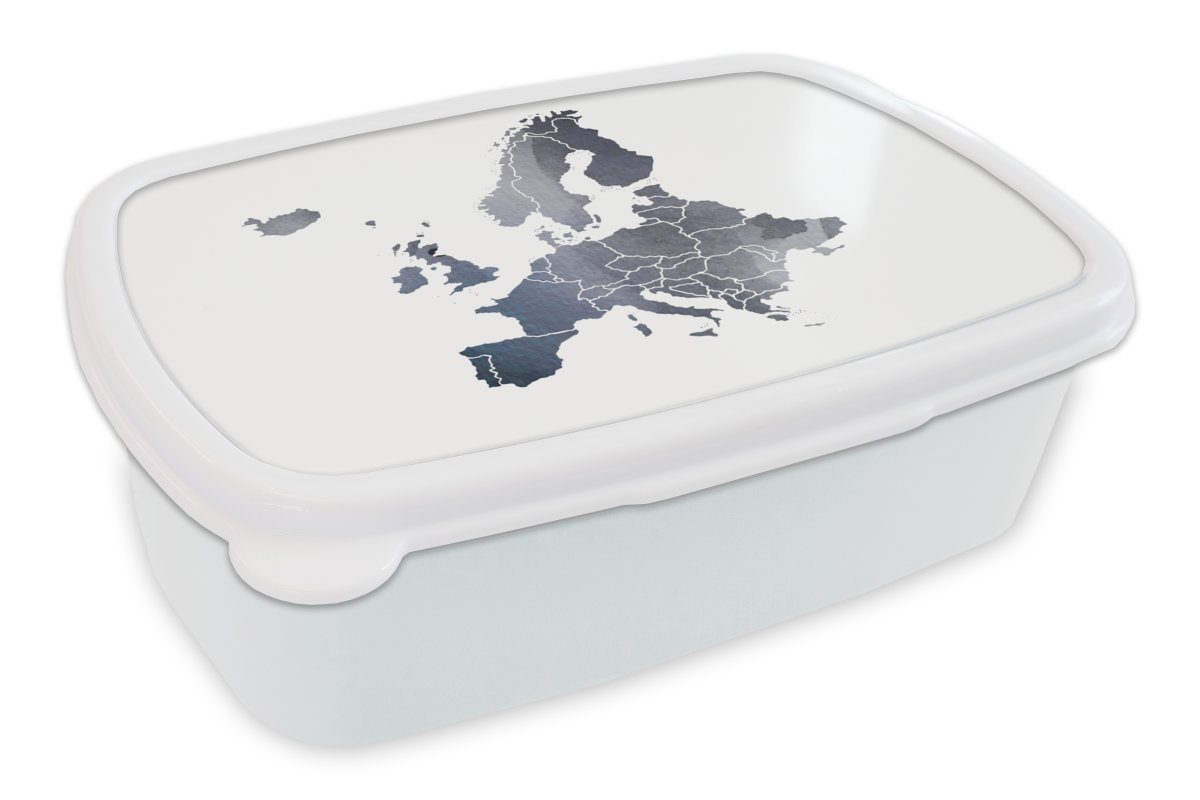 MuchoWow Lunchbox Karte - Europa - Aquarell, Kunststoff, (2-tlg), Brotbox für Kinder und Erwachsene, Brotdose, für Jungs und Mädchen weiß