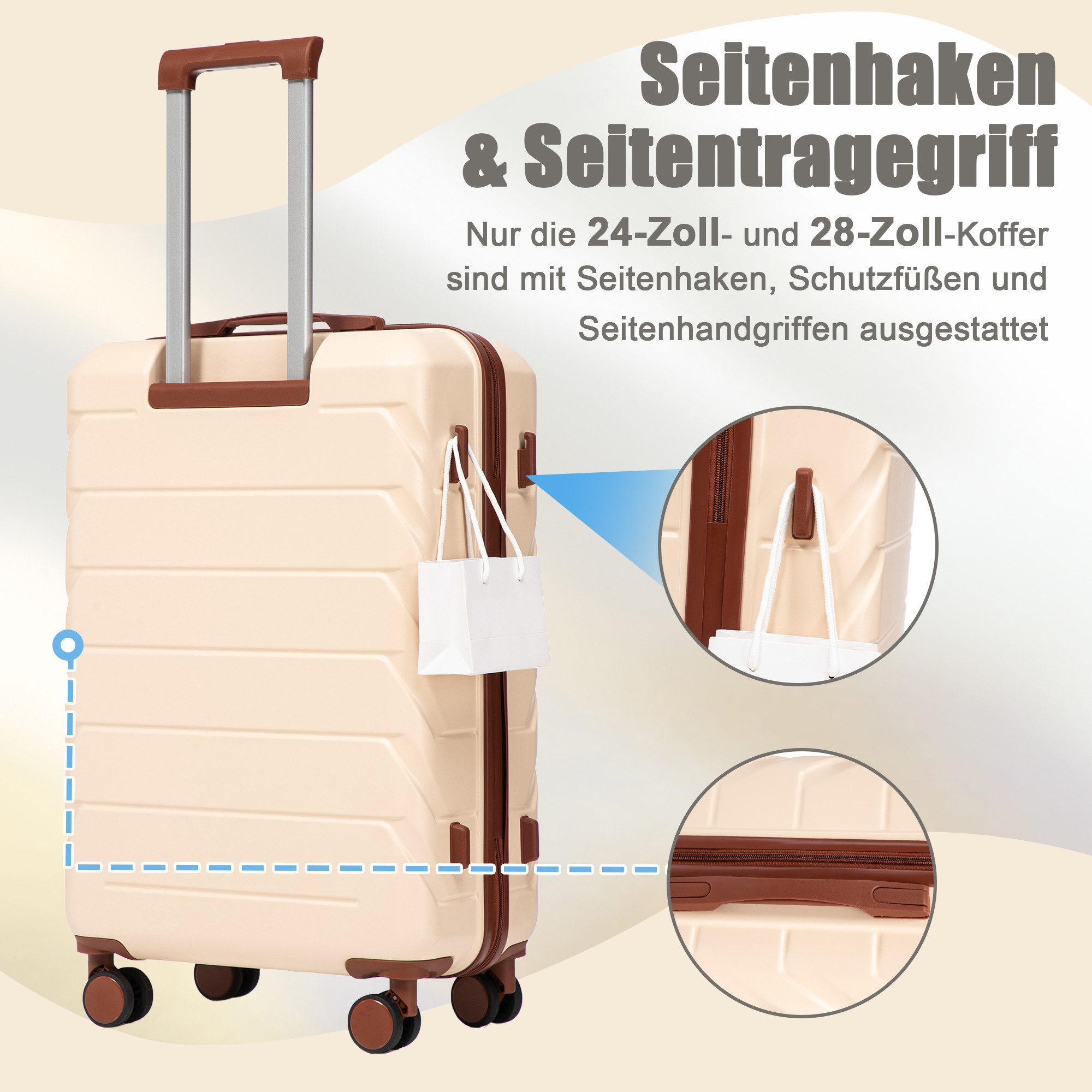 i@home Kofferset 14"/19"/24"/28" 4-teiliger Koffer, 4 Rollen, (4 tlg., 1 Kosmetiktasche, 1 Handgepäck, 2 Aufgabegepäck), zwei Größen mit Seitenhandgriffen, Aufh – Bild 4 von 5