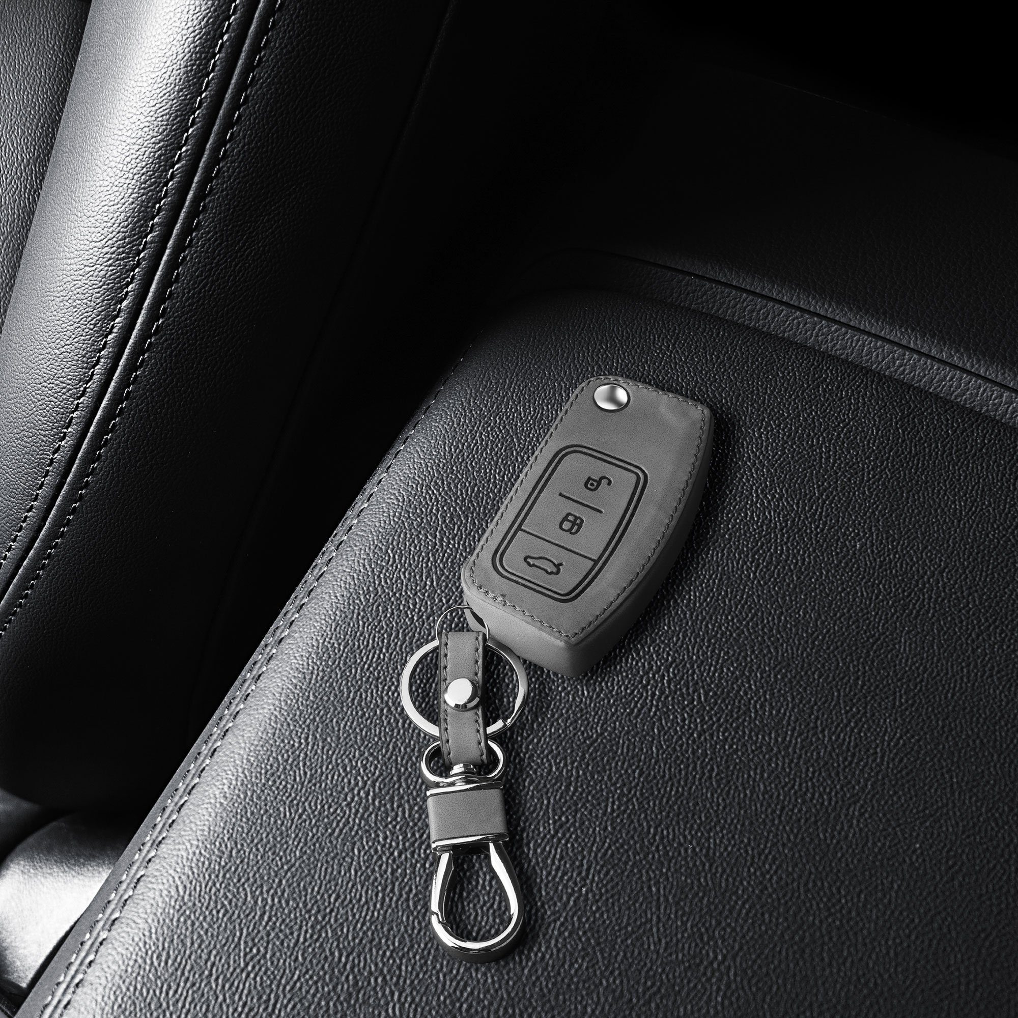 Ford, Hülle - Schlüsseltasche Grau für Ford kwmobile für Cover Autoschlüssel Schutzhülle Nubuklederoptik Schlüsselhülle Kunstleder