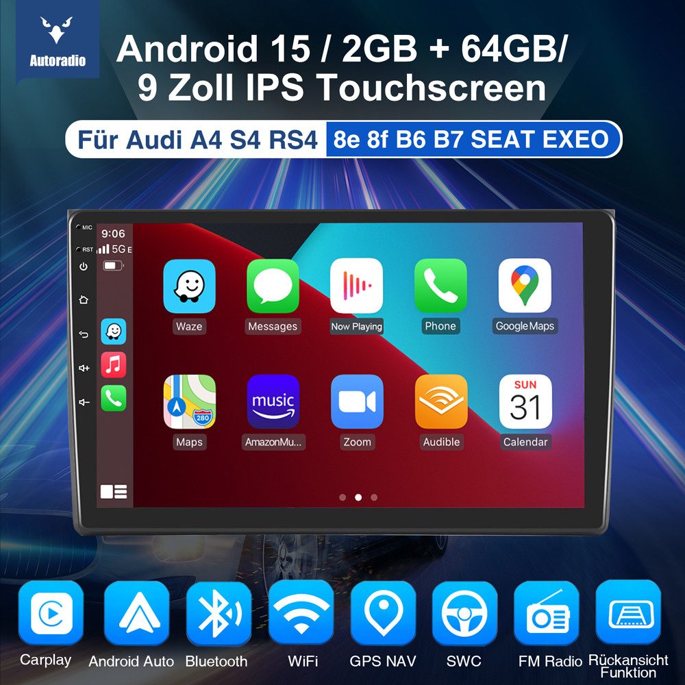 ESSGOO Für Audi A4 S4 RS4 B6 B7 SEAT EXEO CarPlay GPS SWC RDS Autoradio (RDS, Digitalradio (DAB), FM, AM, 2 DIN Carplay Bluetooth Rückfahrkamera(optional) Navigationsgeräte)