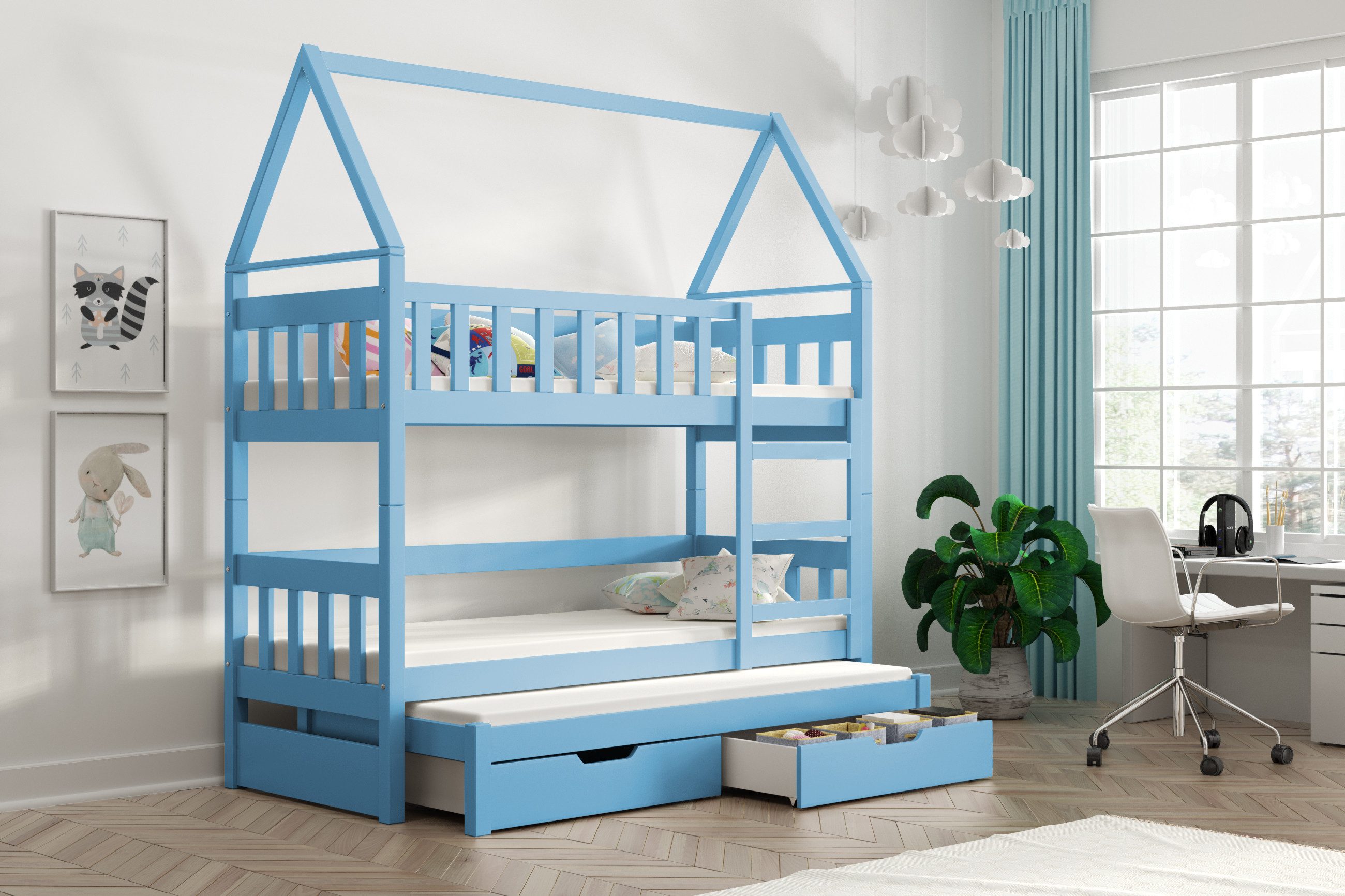 thematys Hochbett mit abnehmbaren Rausfallschutz Haus Etagenbett Stockbett für 3 Kinder (MADE IN EU - zwei Schubladen, Ausziehbett - 80x160 oder 80x180cm, Kinderbett für Jungen und Mädchen, robust, sicher, viele bunte Farben) umbaubar zu drei Kinderbetten + INKL 3 Schaumstoffmatratzen