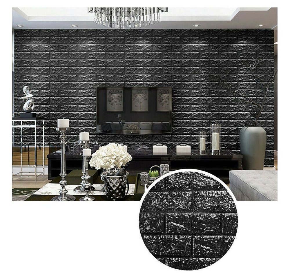 Thumbnail - HOOZ Wandpaneel 5x Wandpaneele 3D-Ziegelsteinoptik 77x70x0,5cm selbstklebend - schwarz, BxL: 77x70 cm, (5-tlg)
