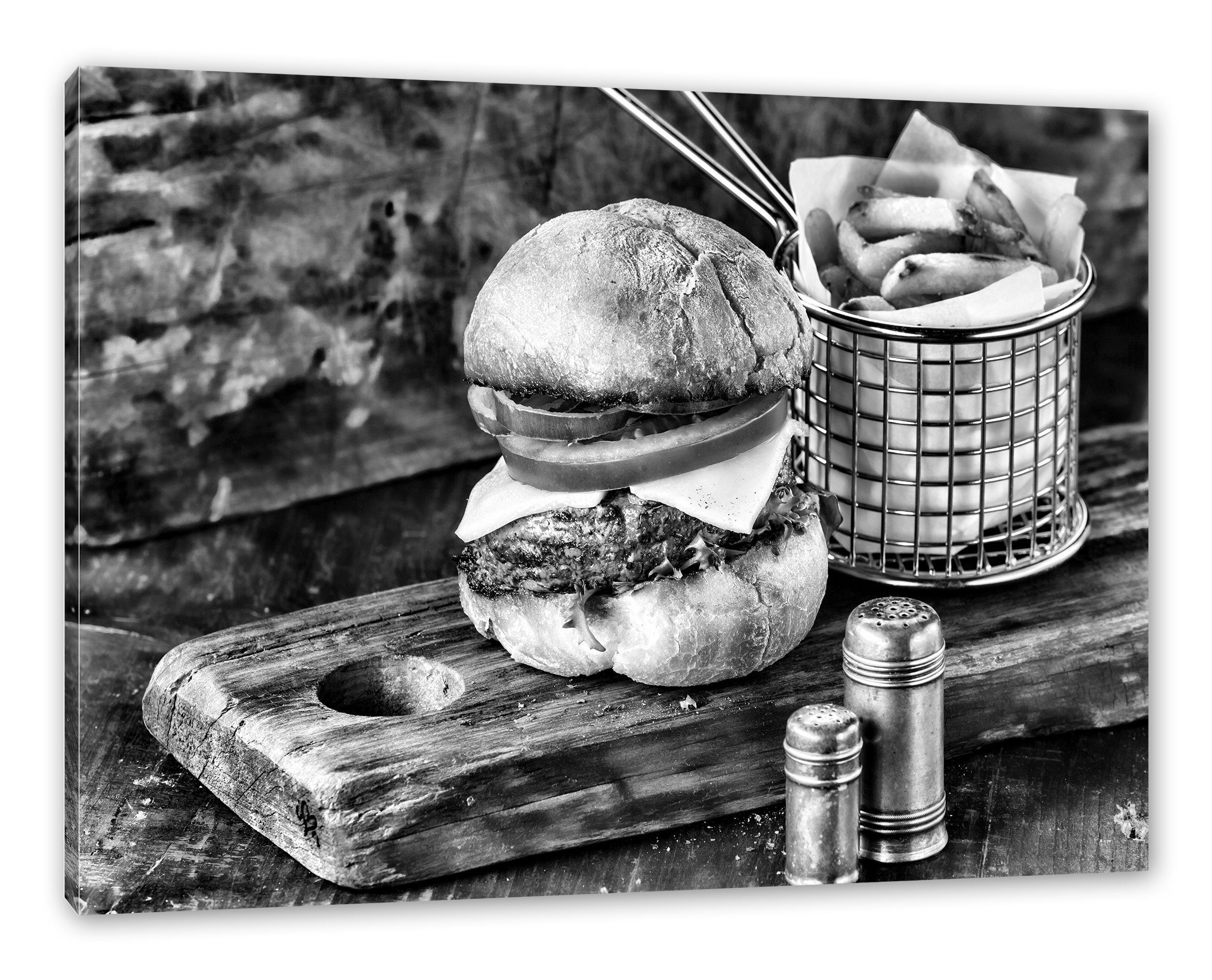 Pixxprint Leinwandbild Cheesburger mit Pommes, Cheesburger mit Pommes (1 St), Leinwandbild fertig bespannt, inkl. Zackenaufhänger