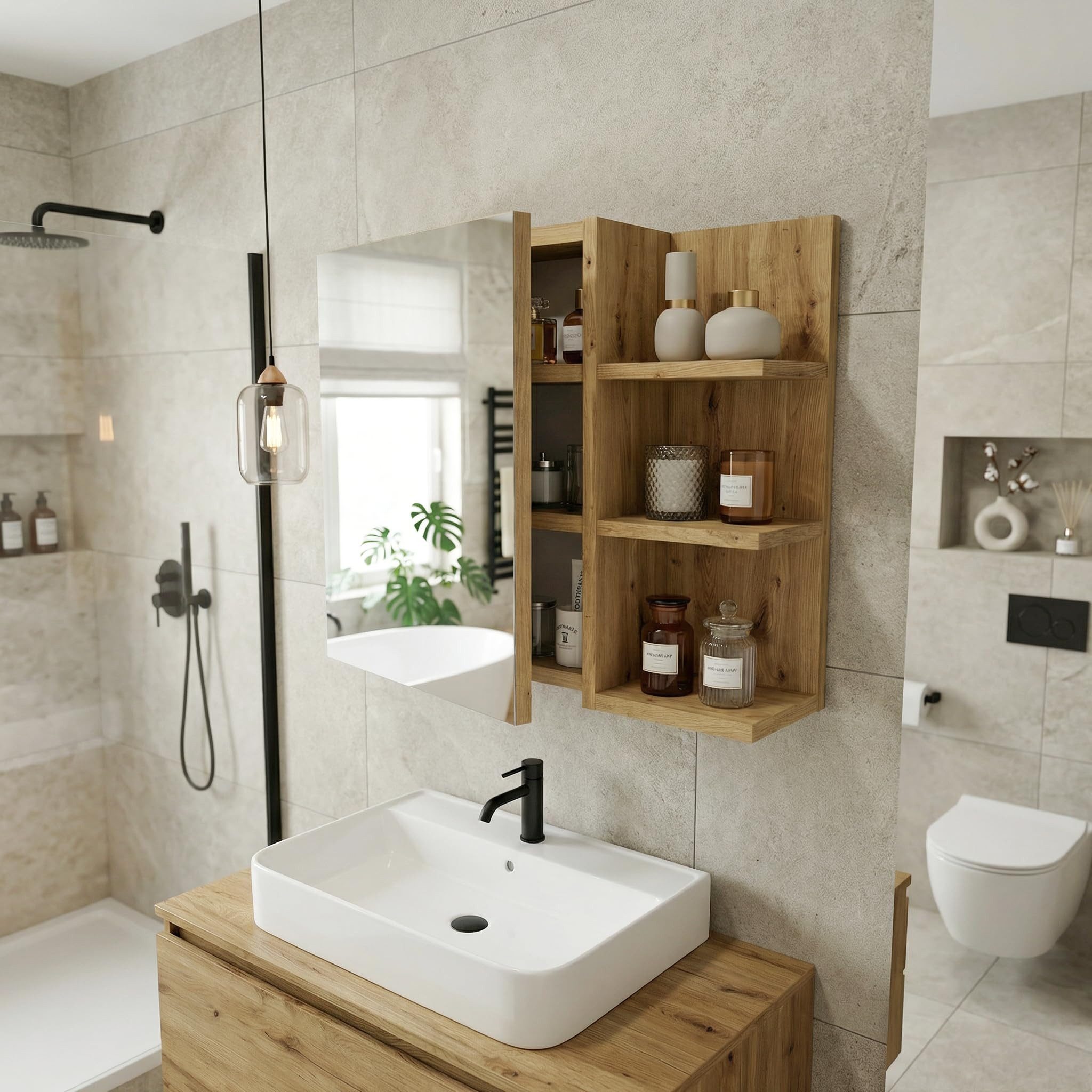 TREND WERK Spiegelschrank Badezimmer mit Ablage & Stauraum (59×16×50 cm Hängender Badezimmerschrank zur Wandmontage mit Regal) – modern & pflegeleicht – Bild 4 von 5