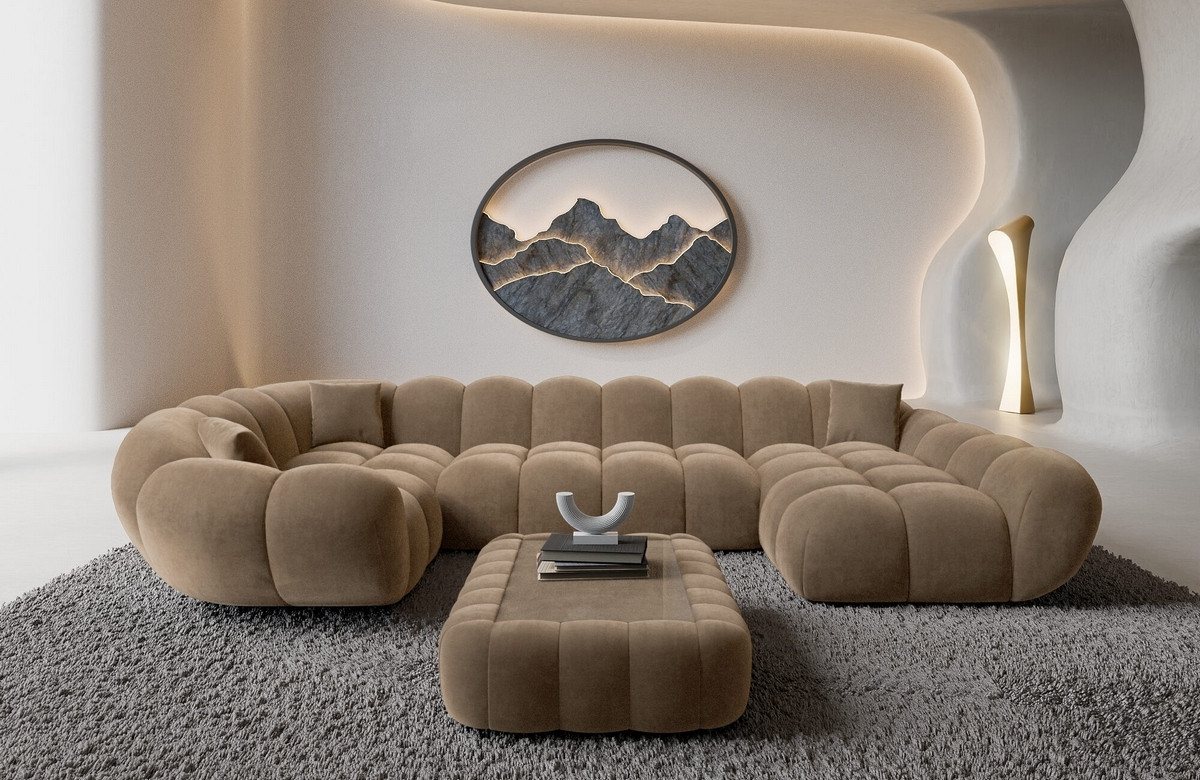Sofa Dreams Wohnlandschaft Maleron U Form Design Stoffsofa, Stoff Polsterecke, 6-Sitzer, Ottomane rechts, Samtstoff Braun