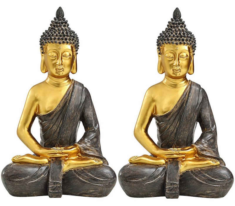 Dehner Gartenfigur Buddha 2er Set, je 39.5 x 25.5 x 18 cm, Polyresin, Deko für Garten oder Sauna in Gold, robust, frostbeständig