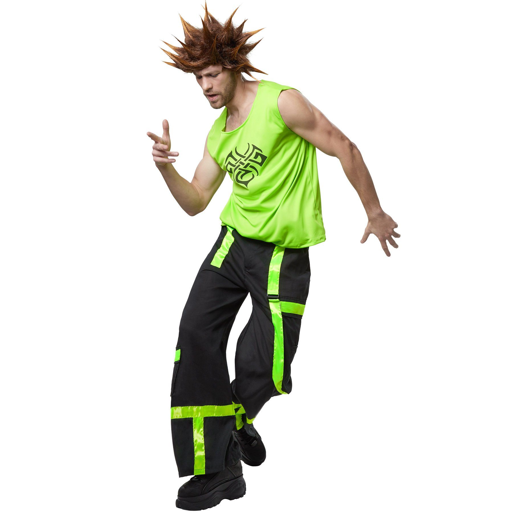 dressforfun Hippie-Kostüm Technotänzer, auch Discofan, Gr. M, Lange Hose mit Schlag Gummibund, in schwarz/grün, Ärmelloses Shirt aus neongrünem Satinstoff, Knopf