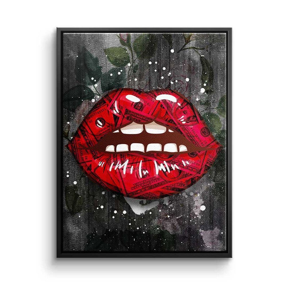 DOTCOMCANVAS® Leinwandbild, Premium Leinwandbild - Pop Art - Modern Kiss - Geld - Erfolg schwarzer Rahmen