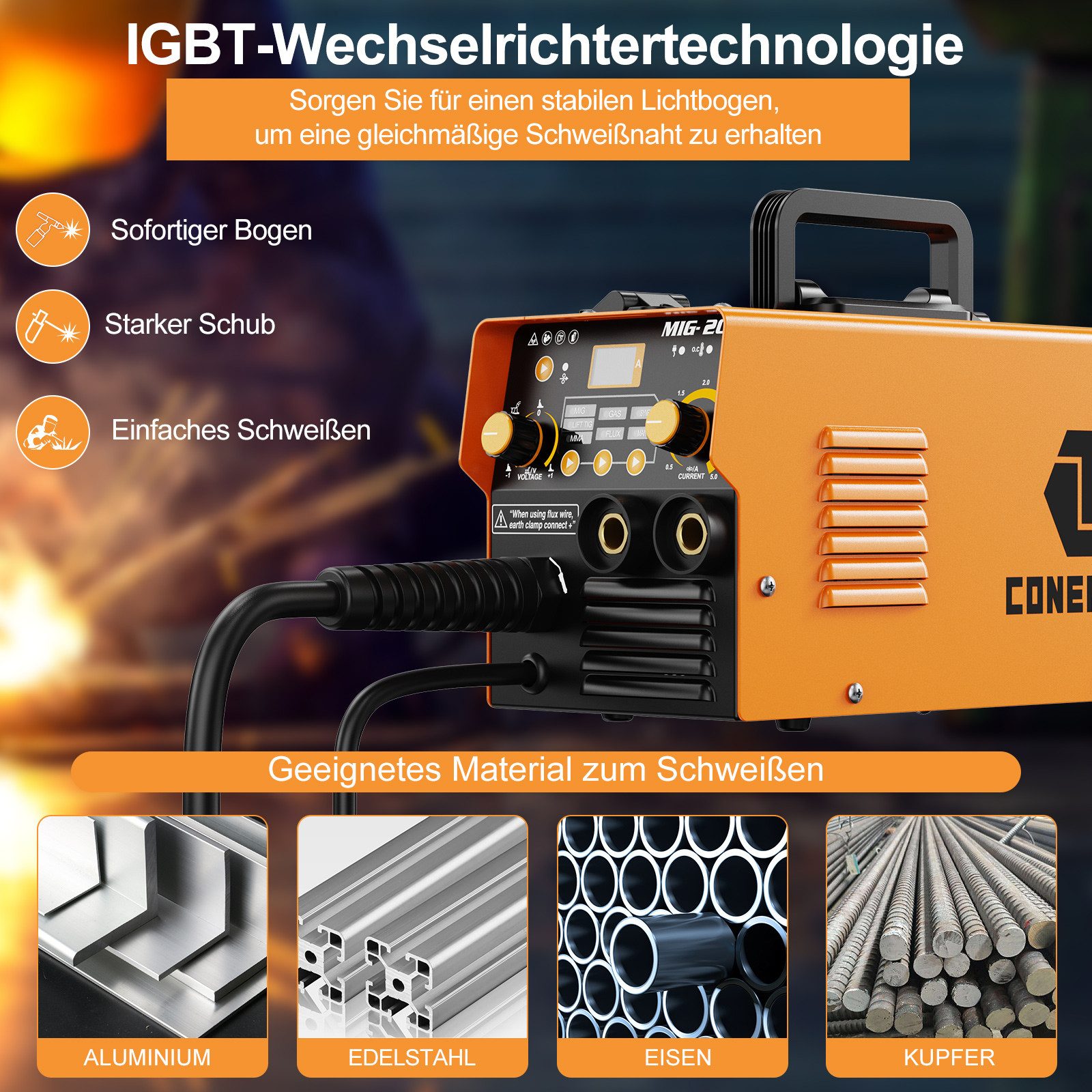 CONENTOOL Inverterschweißgerät 3 IN 1 Schweißgerät MIG/MMA/TIG, 20 - 200 A, 6-tlg. – Bild 3 von 5