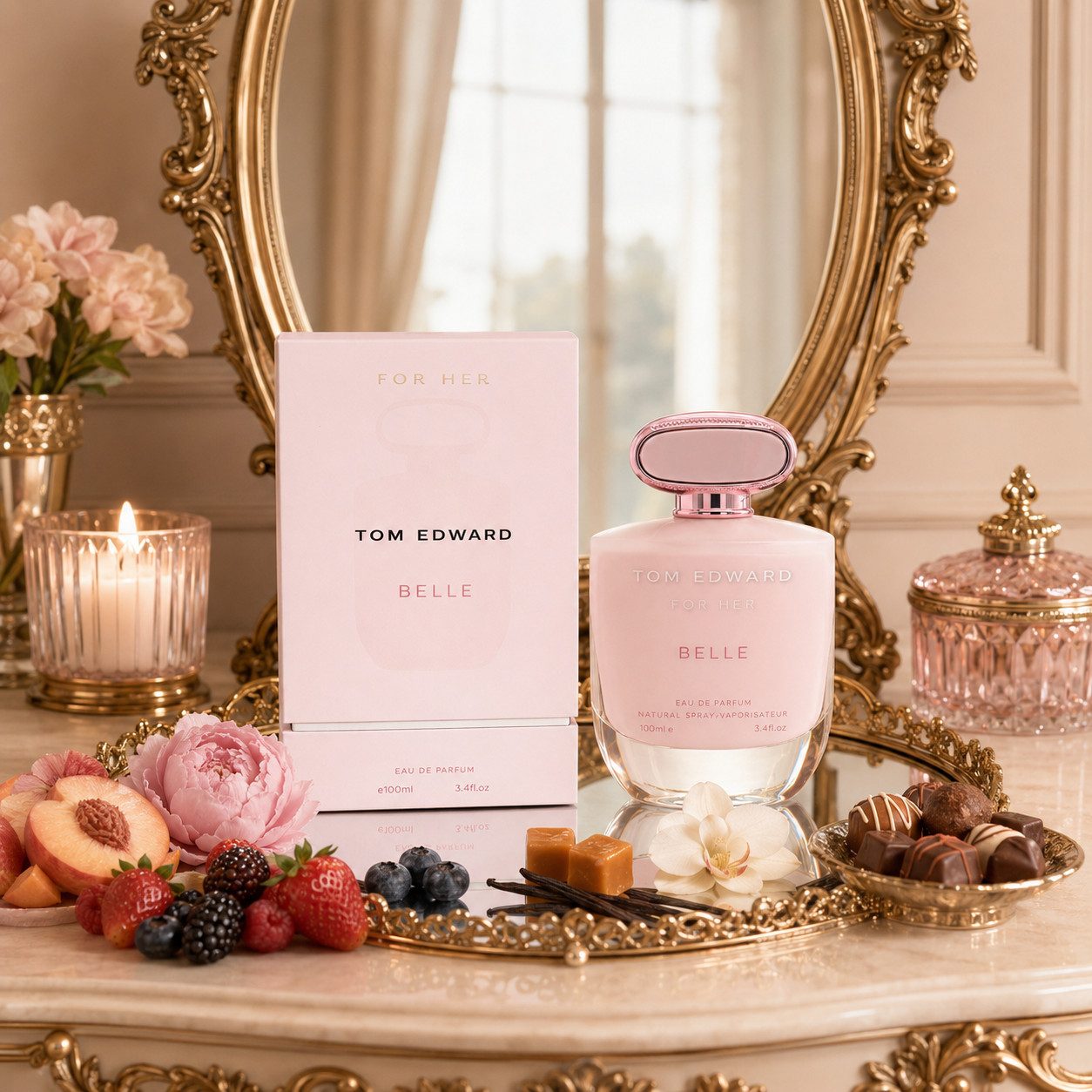 TOM EDWARD Eau de Parfum Tom Edward Belle for Her Luxus Damenduft Floral Holzig Sinnlich 100 ml, Hergestellt in UK, Premium Damenduft, Langanhaltend, Schone Verpackung