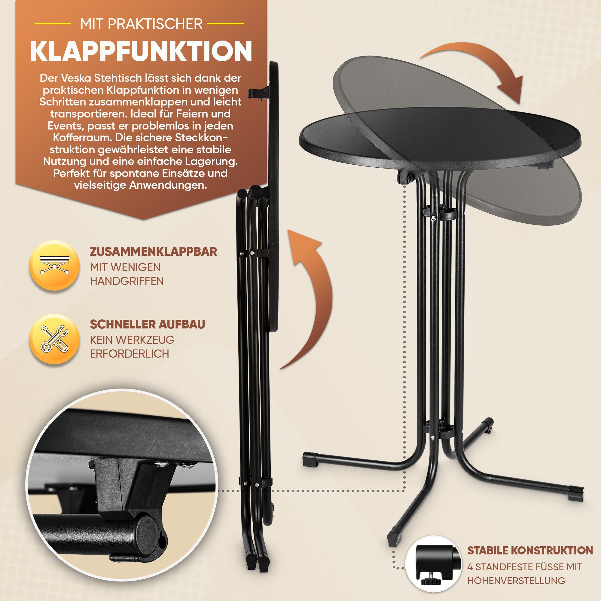 VESKA Stehtisch Ø 80cm inkl. Husse, Gastro Bistrotisch (klappbar Indoor & Outdoor, höhenverstellbare Füße, Klapptisch rund), Partytisch, Empfangstisch, Gartentisch wetterfest