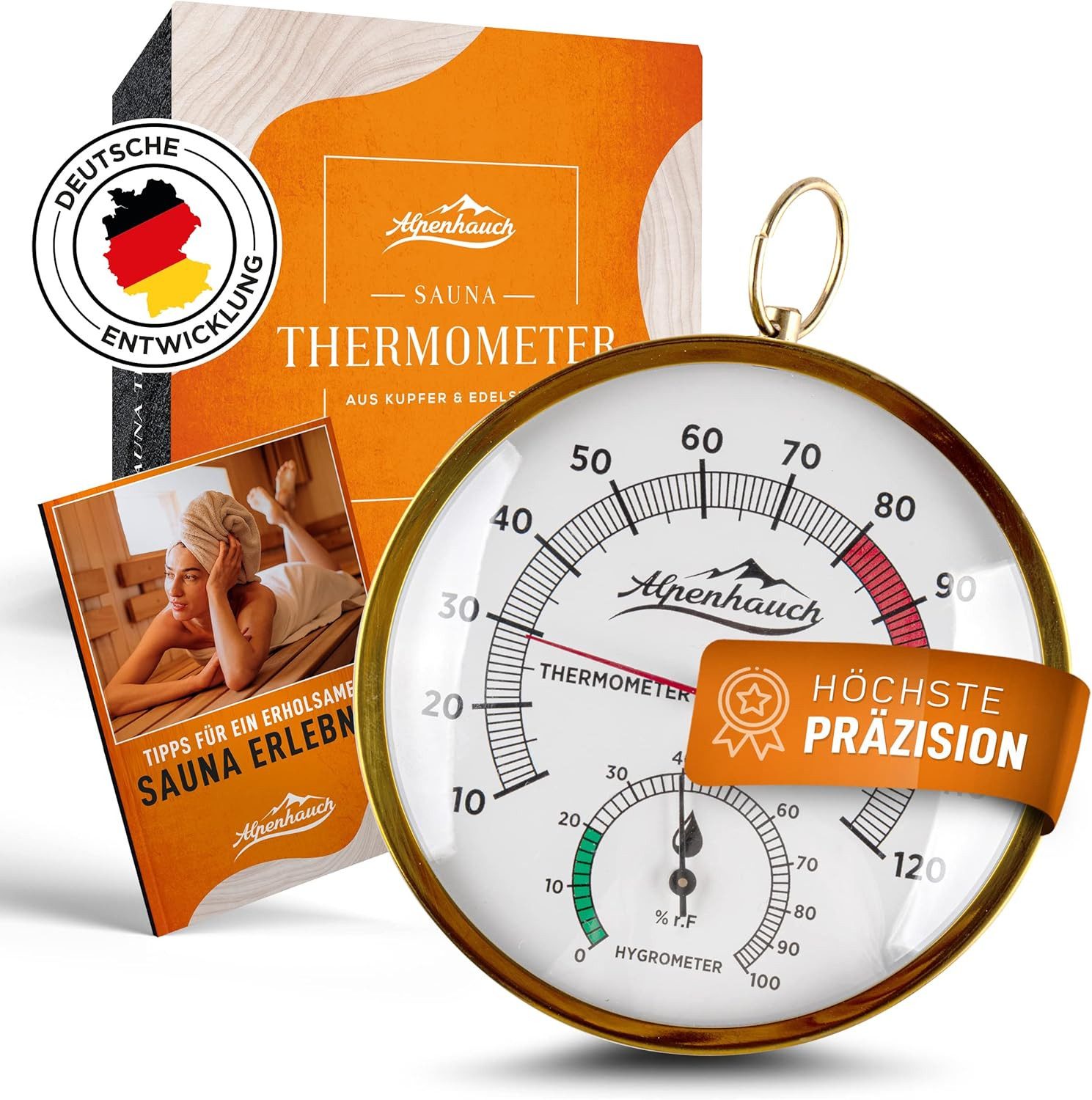 Alpenhauch Hygrometer & Thermometer aus Kupfer [2in1] - Präzieses Saunathermometer, Kupfer-& Edelstahlgehäuse, gehärtetes Glas, automatische Kalibrierung