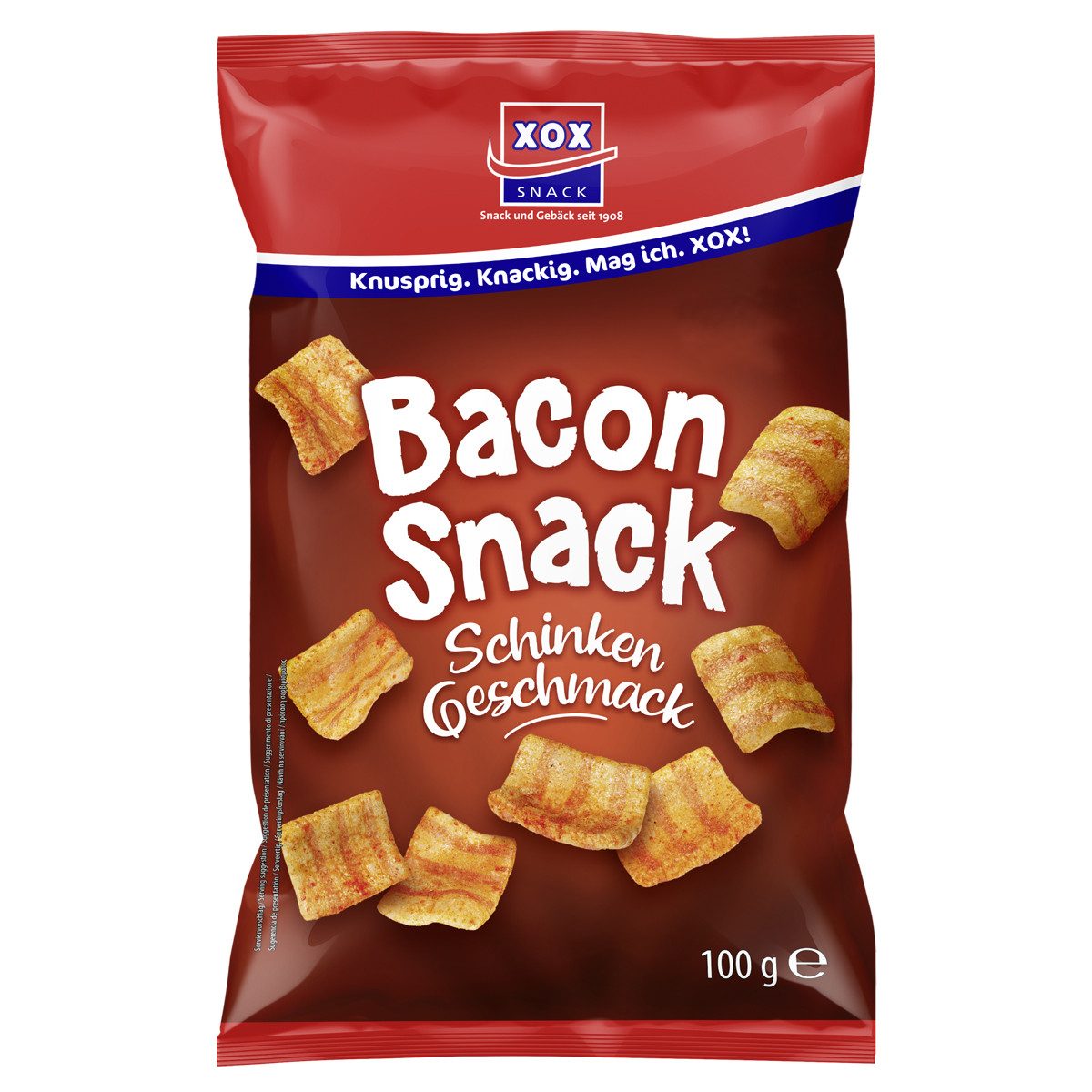 XOX Knabberei, XOX Bacon Snack herzhaft knusprig mit rauchiger Note zum Snacken 100g