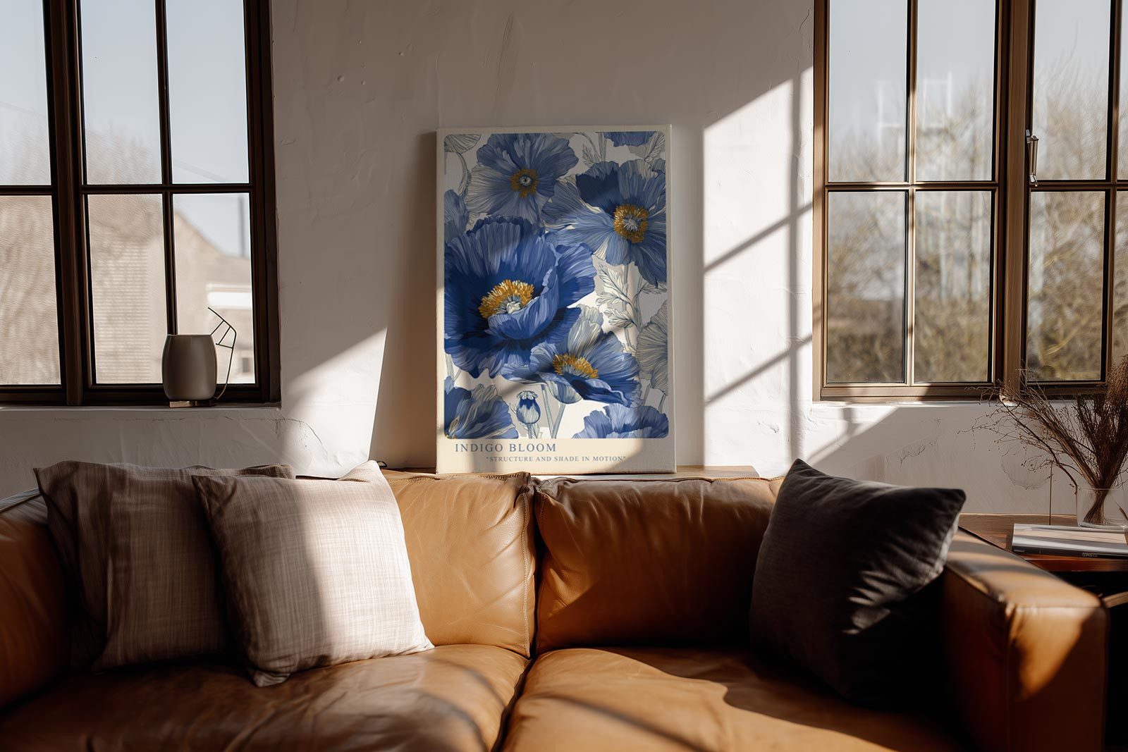 Sinus Art Leinwandbild Mohn Blumen Blau Gold Gelb Modern Design Wandbild Leinwand Kunst