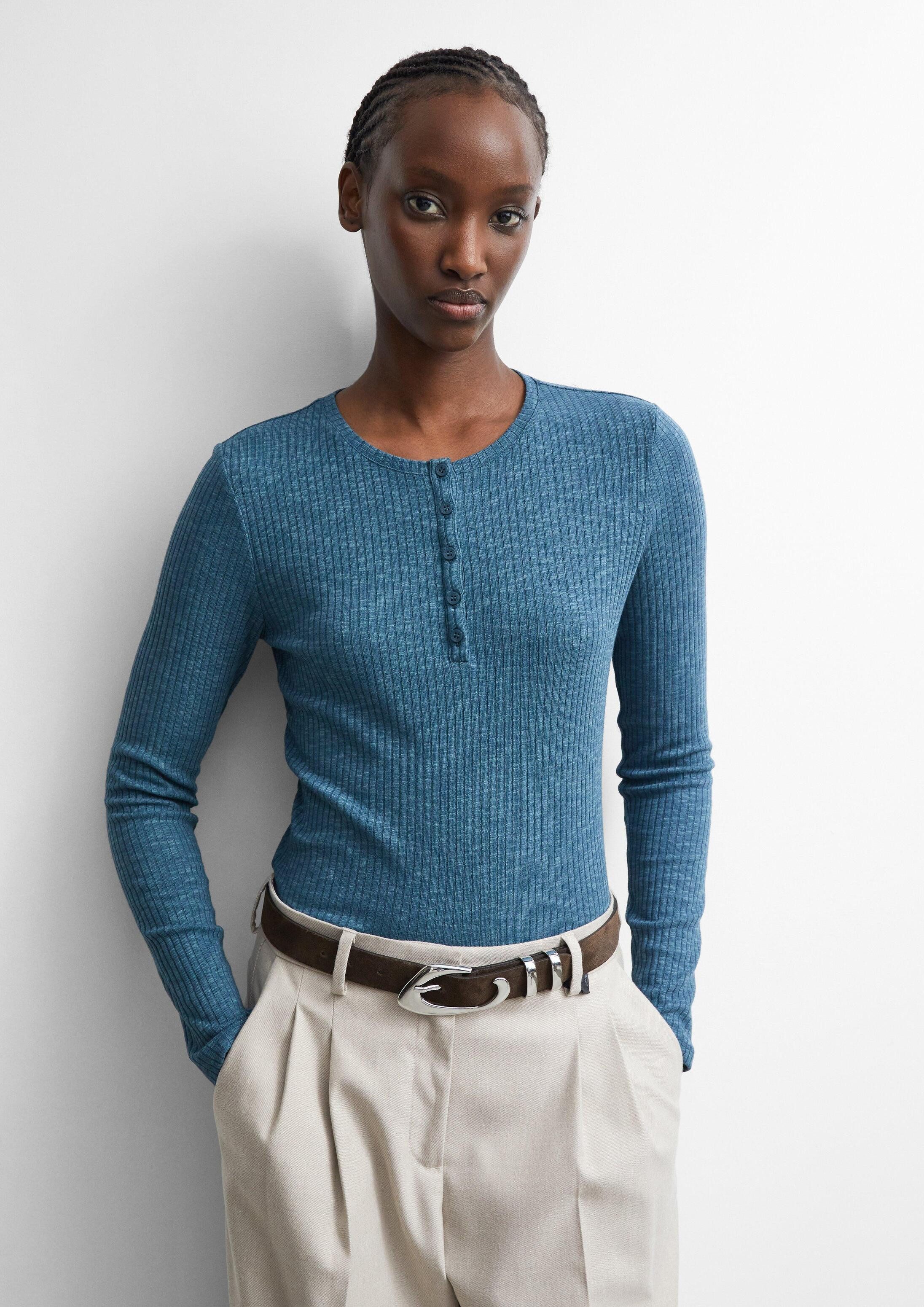 comma Langarmshirt T-Shirt Geripptes Henley-Shirt im Slim Fit