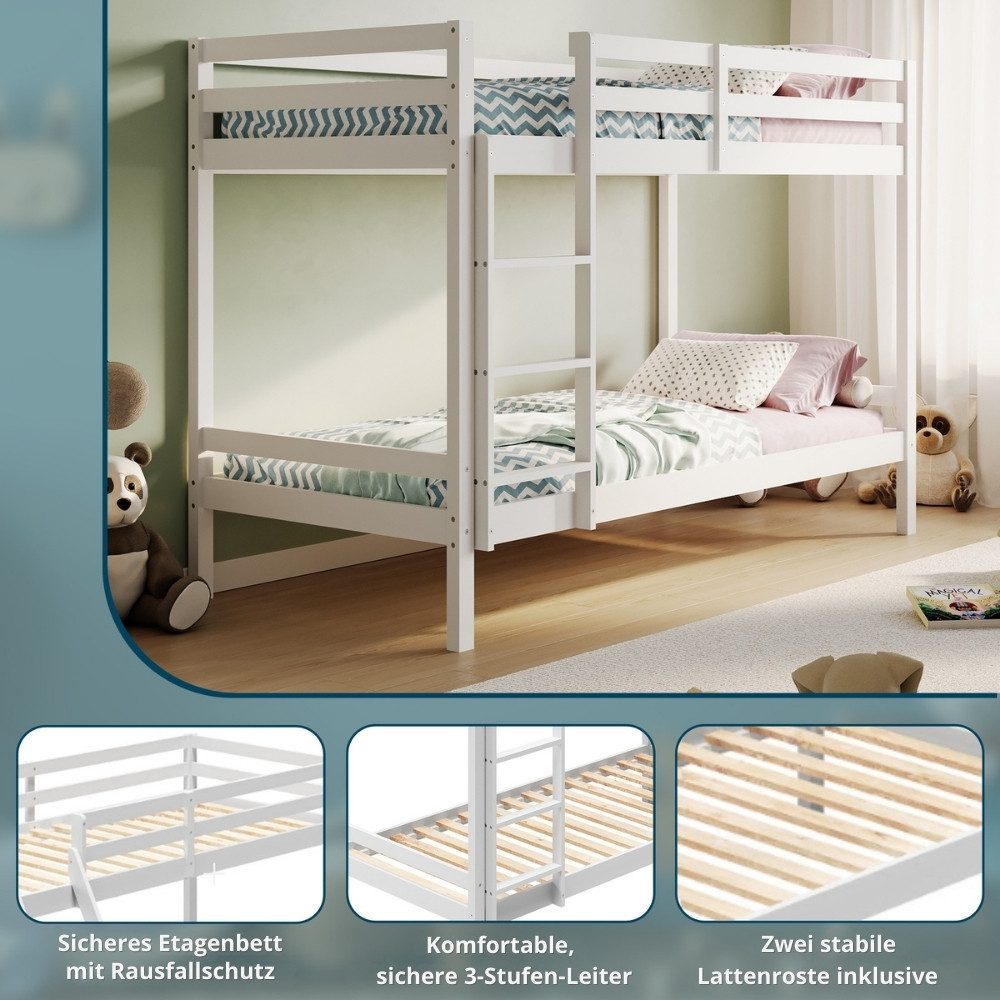 Kids Collective Loft Bed 90x200 Bunk Bed, EN 747 certified and space-saving design (with safe climbing) Bunk bed 206x96x146 cm, White