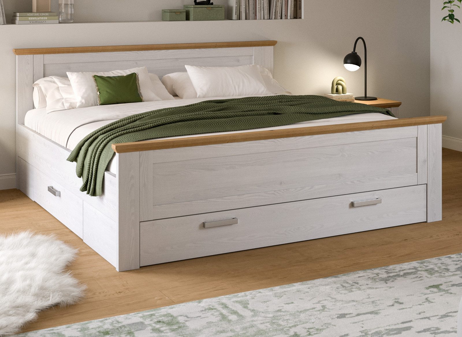 Inn.Furn Stauraumbett Mirano (Doppelbett in Lärche Weiß Landhaus mit Eiche, Liegefläche 180 x 200 cm), Set inklusive 3x Bettschubkasten